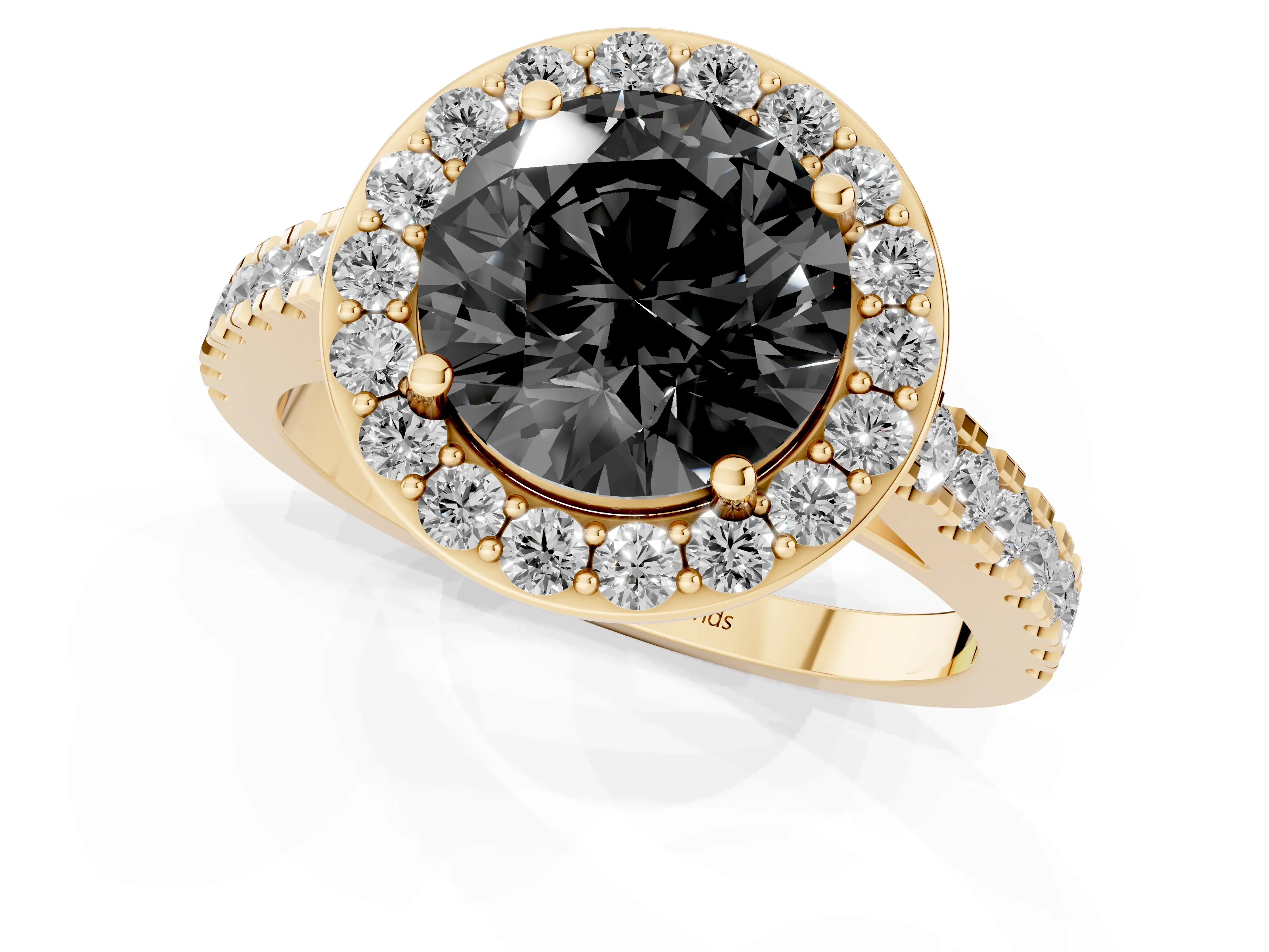 Fancy Black Round Cut Diamond Halo Ring Set in Yellow gold with Round Pavé Split Shank and Prong Setting