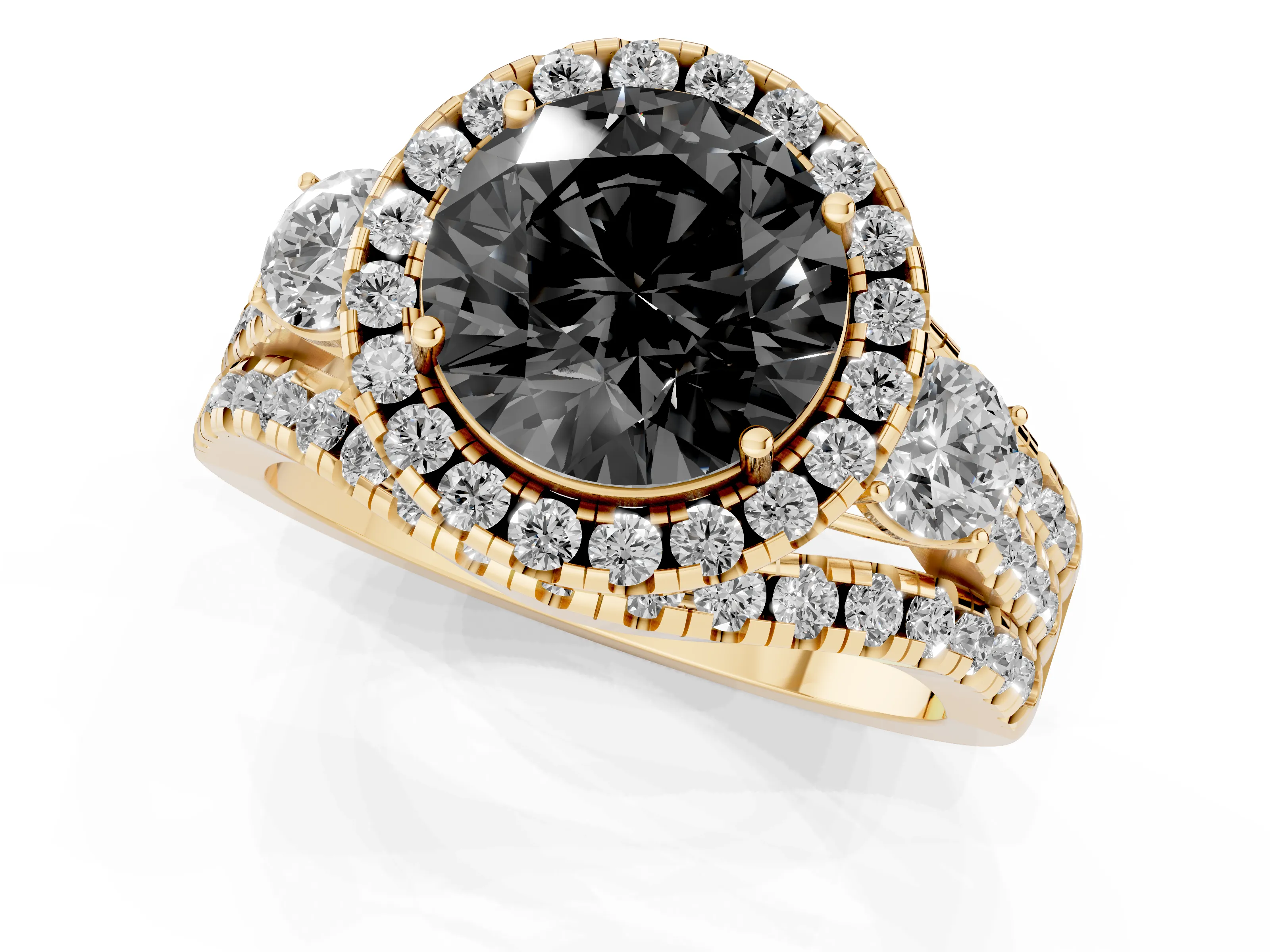 Fancy Black Round Cut Diamond Halo Split Shank Ring Set in Yellow gold with Round Accent Stones and Prong Setting