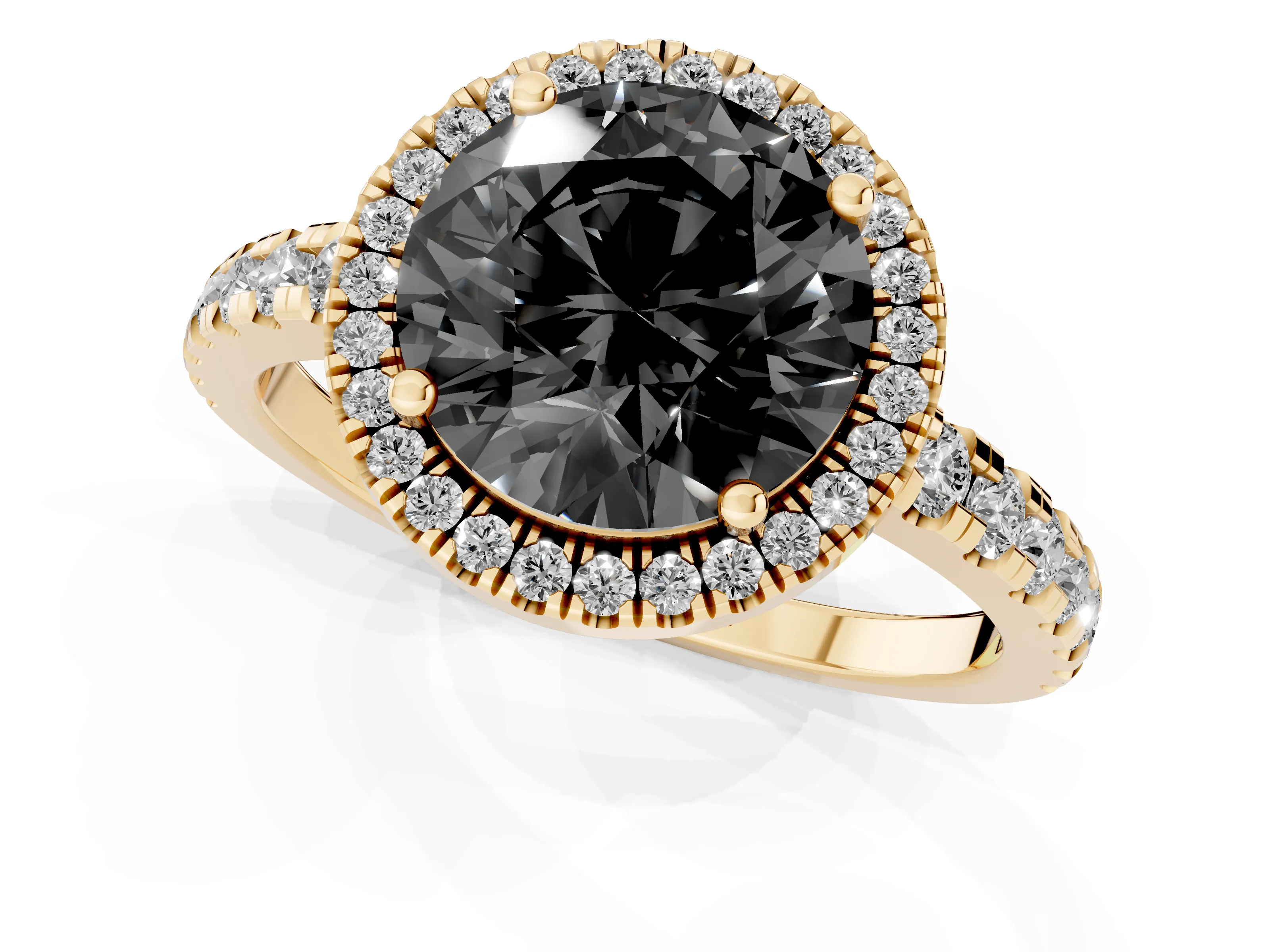 Fancy Black Round Cut Diamond Halo Ring Set in Yellow gold with Delicate Pavé Band and Prong Setting