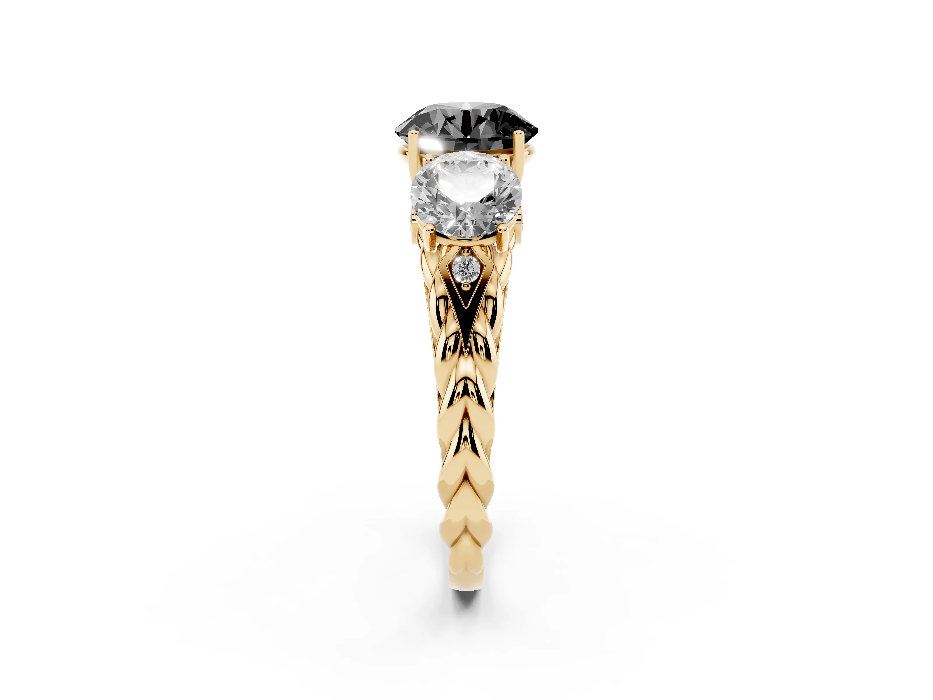Fancy Black Round Cut Diamond Three-Stone Ring Set in Yellow gold with Braided Band