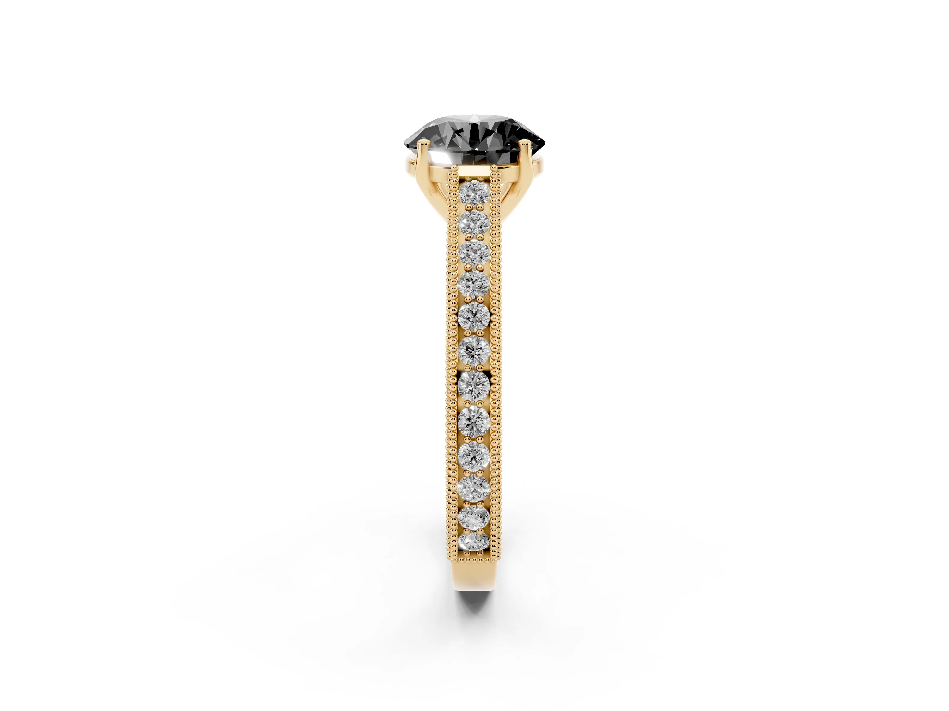 Fancy Black Round Cut Diamond Milgrain Pavé Band Solitaire Ring Set in Yellow gold with Prong Setting