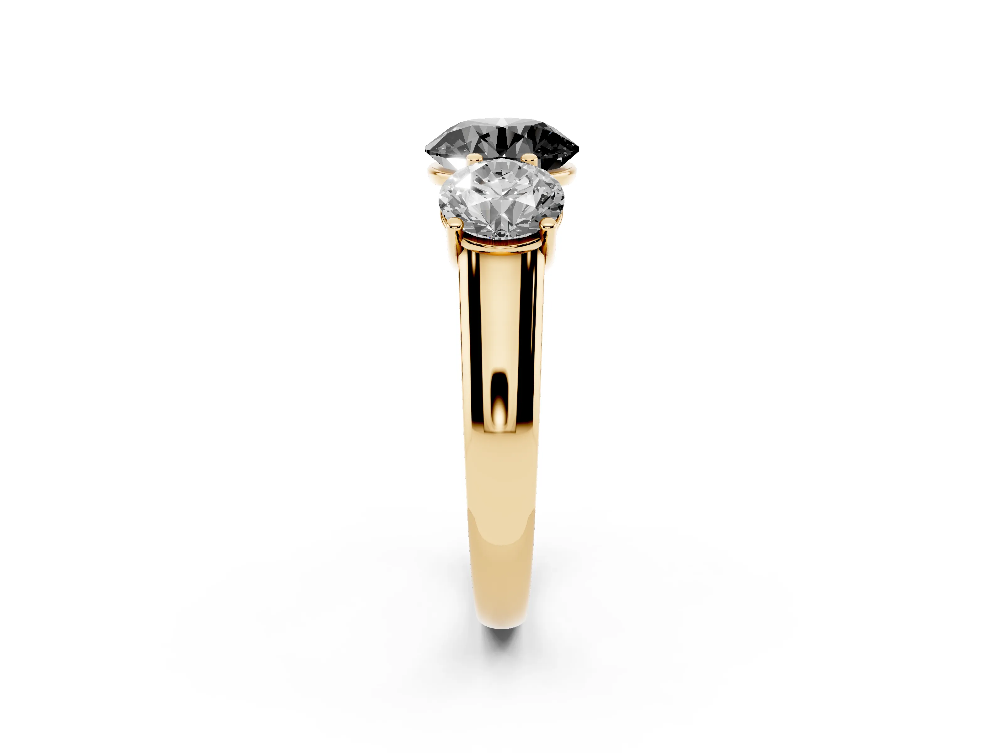 Fancy Black Round Cut Diamond Three-Stone Ring Set in Yellow gold with Plain Polished Band