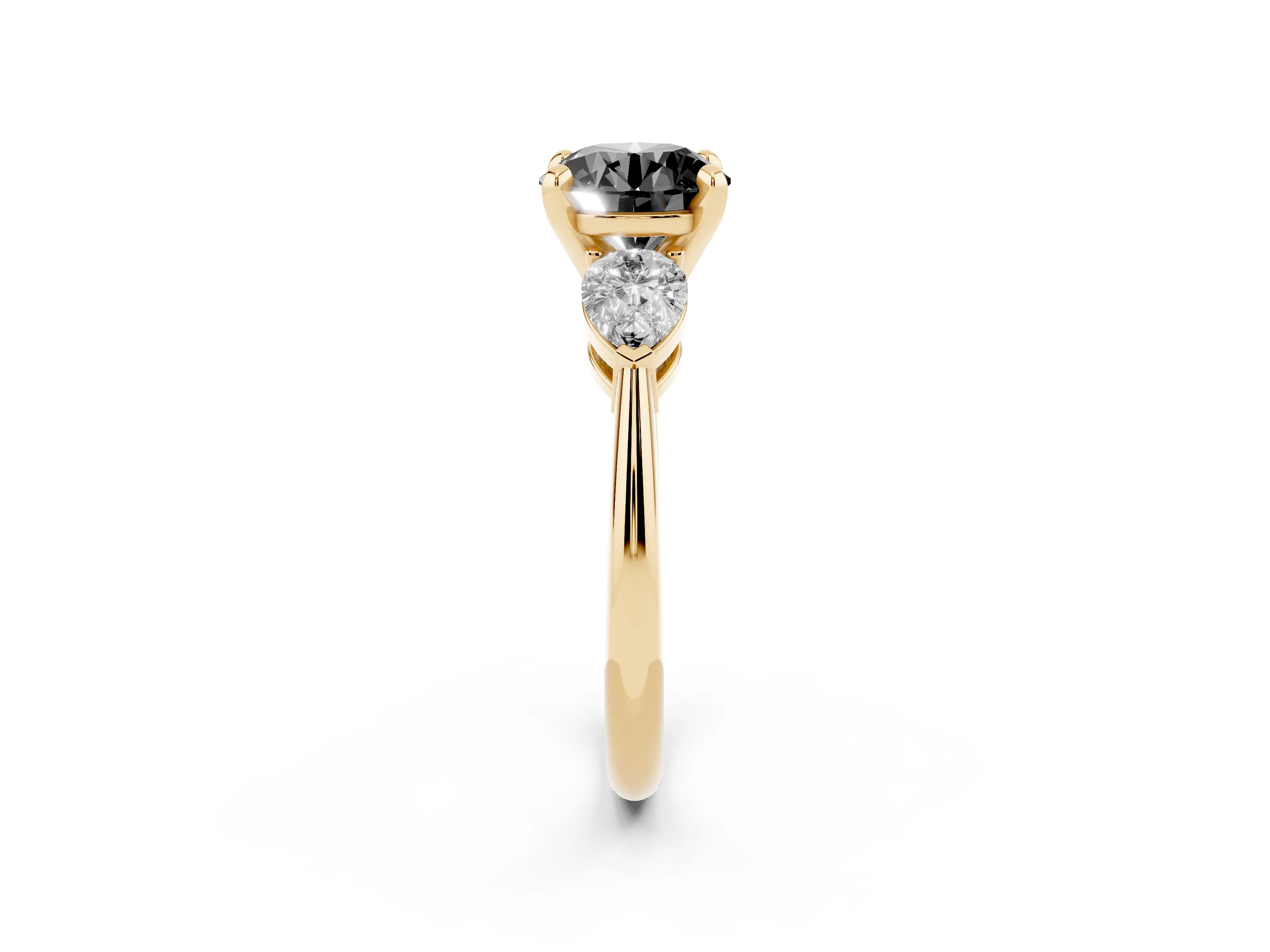 Fancy Black Three-Stone Round Cut Diamond Ring Set in Yellow gold with Pear Side Stones and Prong Setting