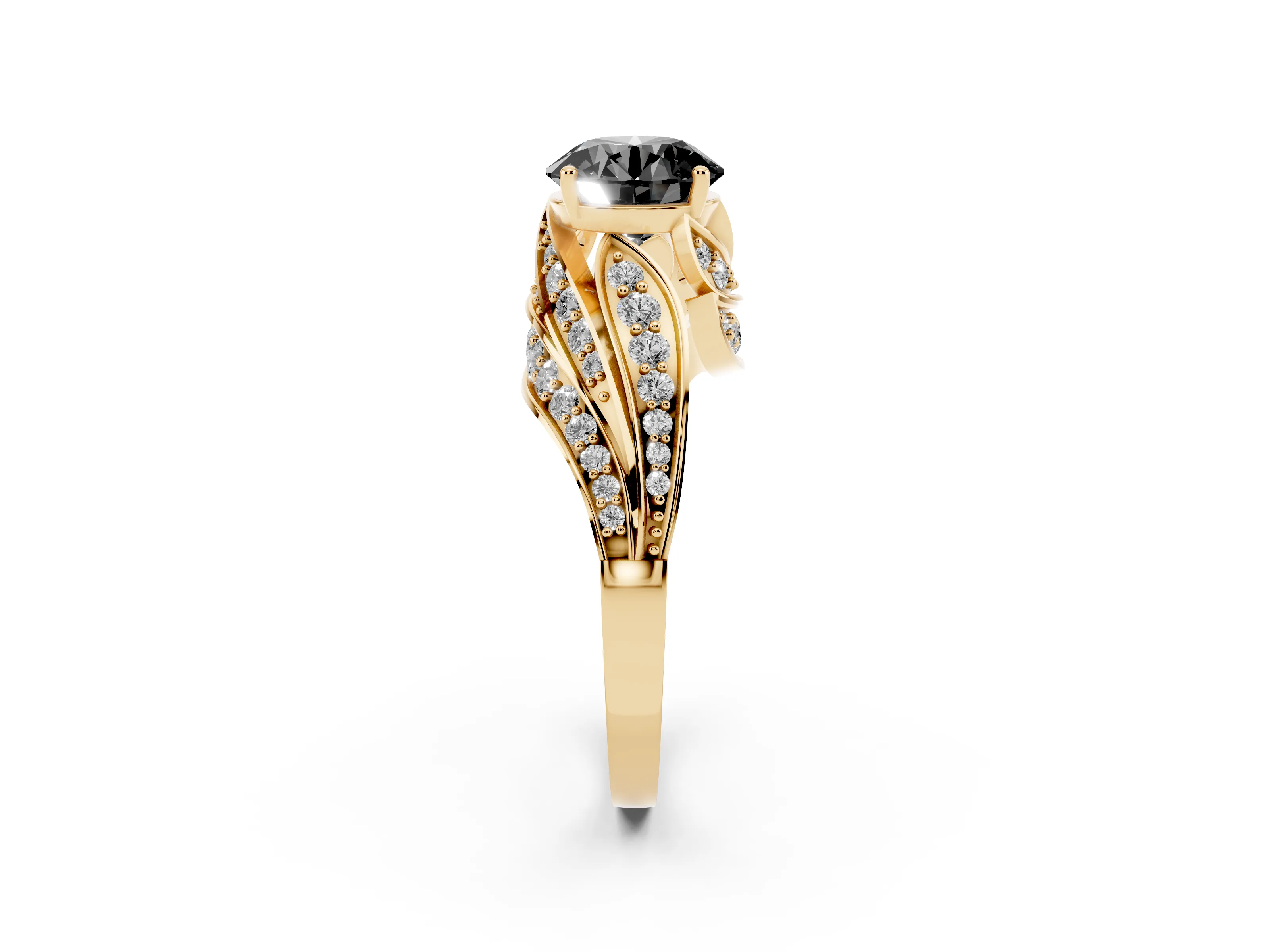 Fancy Black Round Cut Diamond Solitaire Ring Set in Yellow gold with Layered Twist Pavé Band
