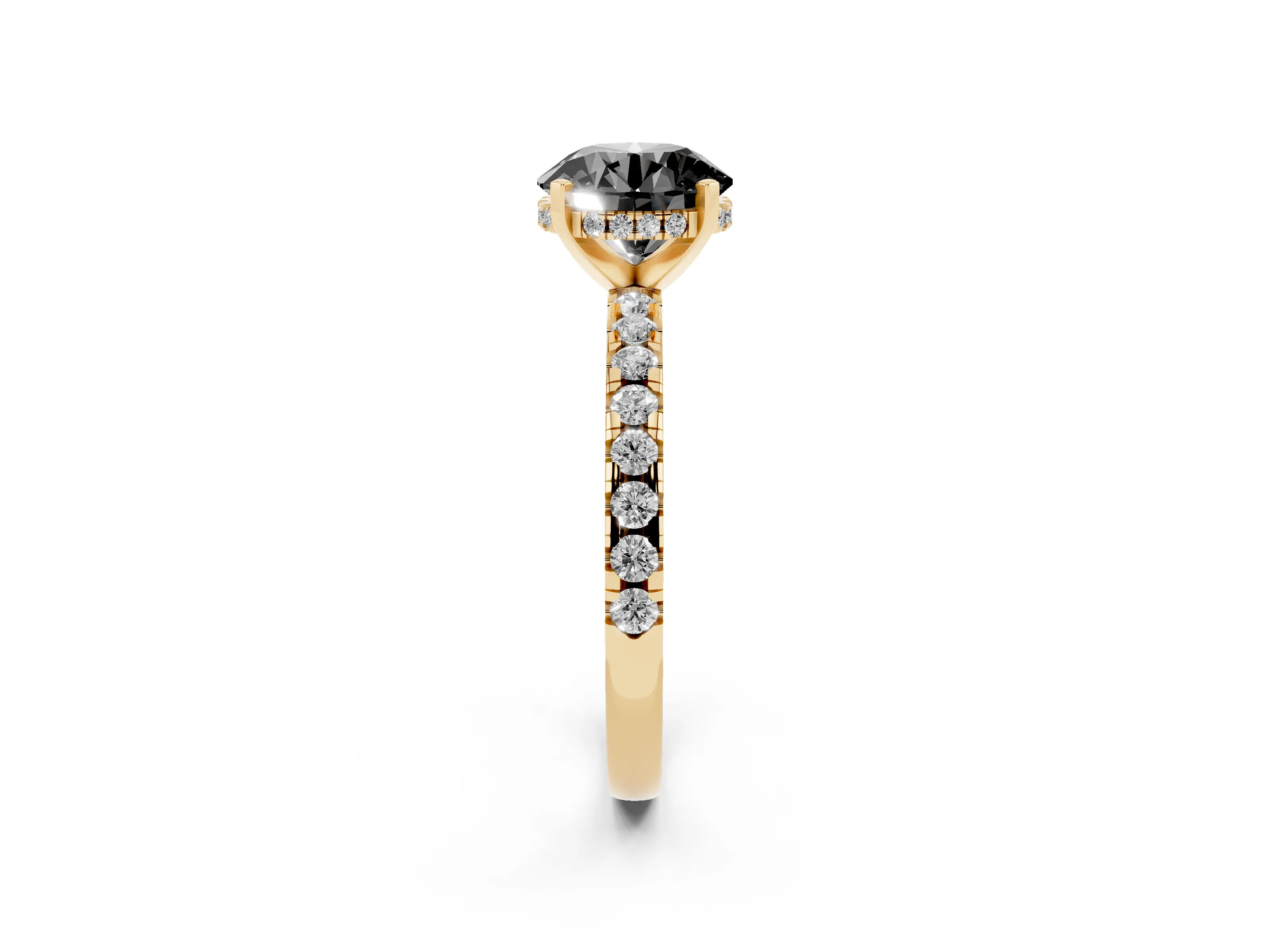 Fancy Black Round Cut Diamond Pavé Solitaire Ring Set in Yellow gold with Round Band Accents and Prong Setting