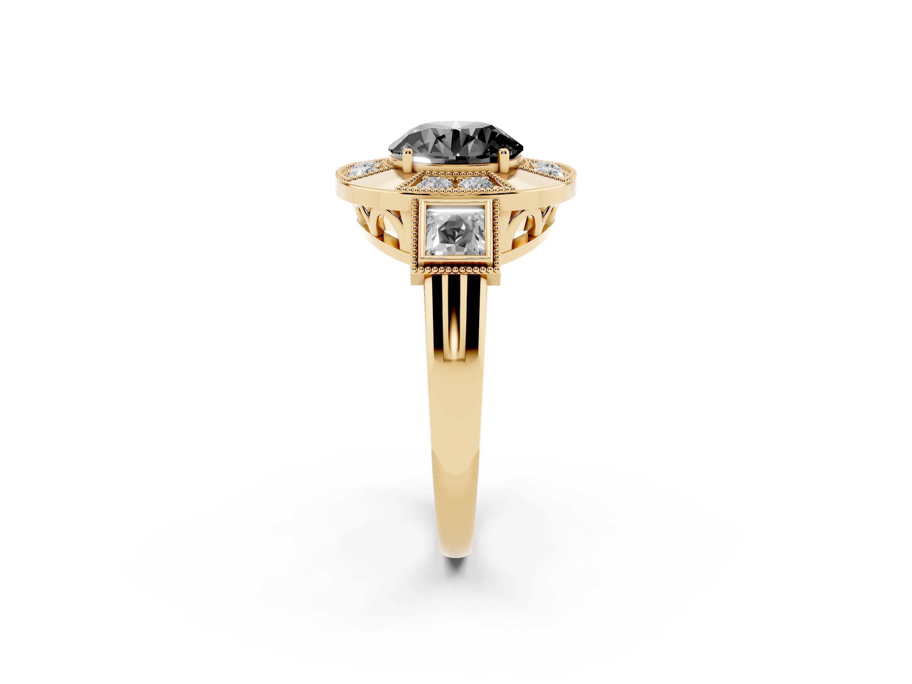 Fancy Black Round Cut Diamond Milgrain Halo Ring Set in Yellow gold with Split Shank