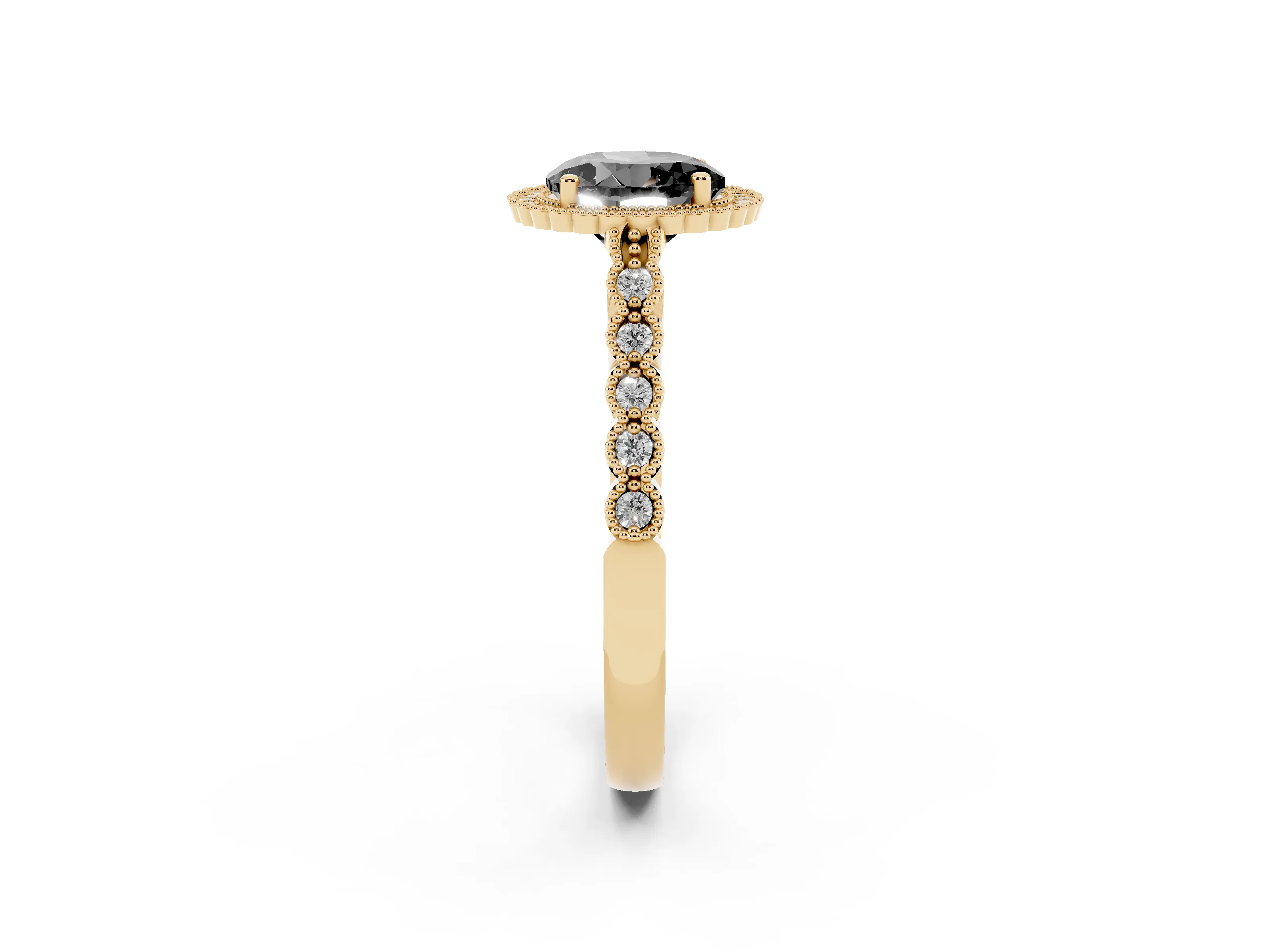 Fancy Black Round Cut Diamond Halo Ring Set in Yellow gold with Pavé Milgrain Band