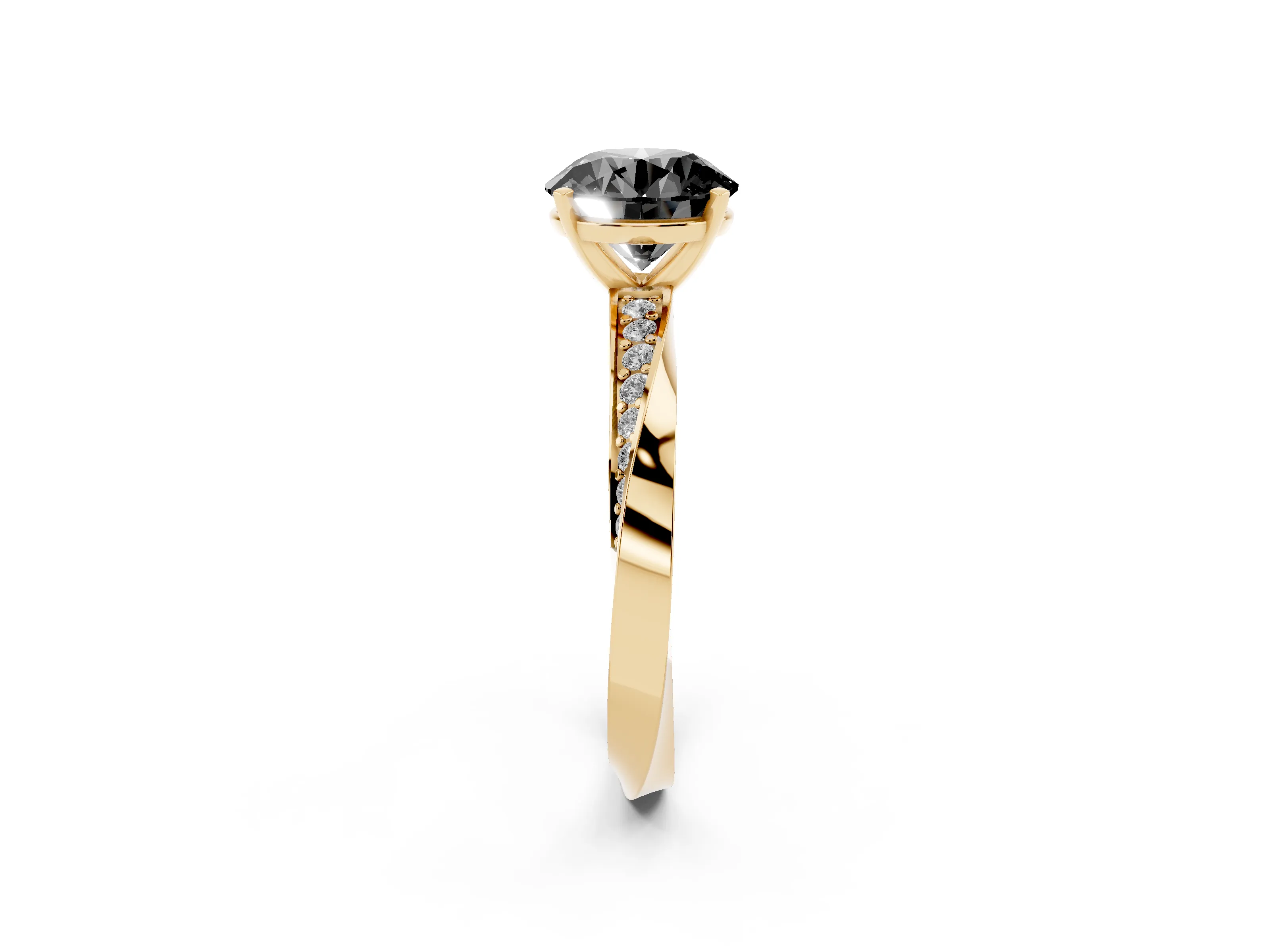 Fancy Black Round Cut Diamond Engagement Ring Set in Yellow gold with Side Stone Accents and Prong Setting