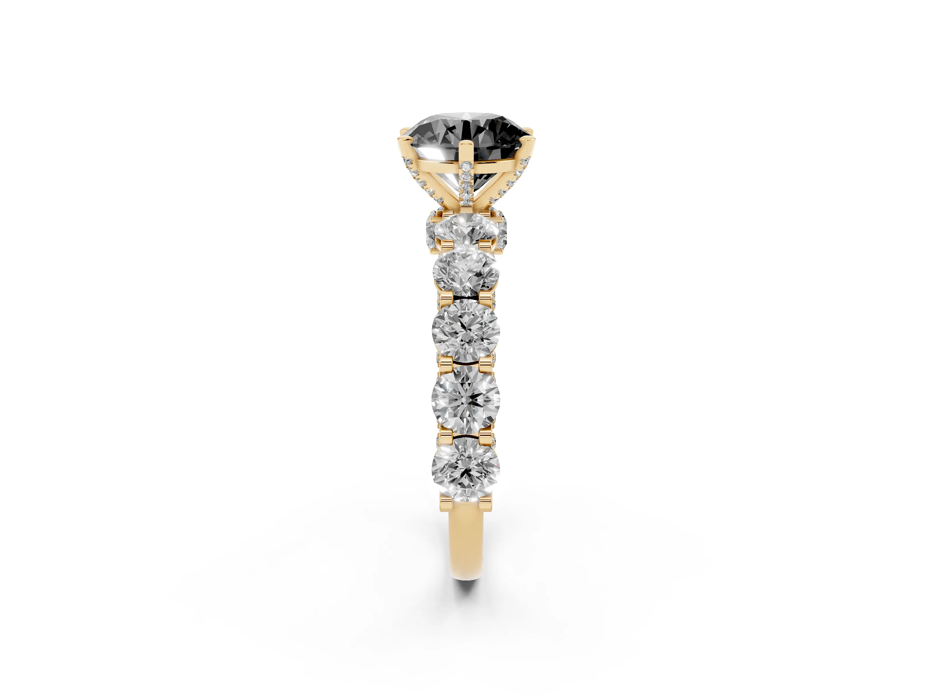 Fancy Black Round Cut Diamond Side Stone Ring Set in Yellow gold with Alternating Round and Oval Side Stones