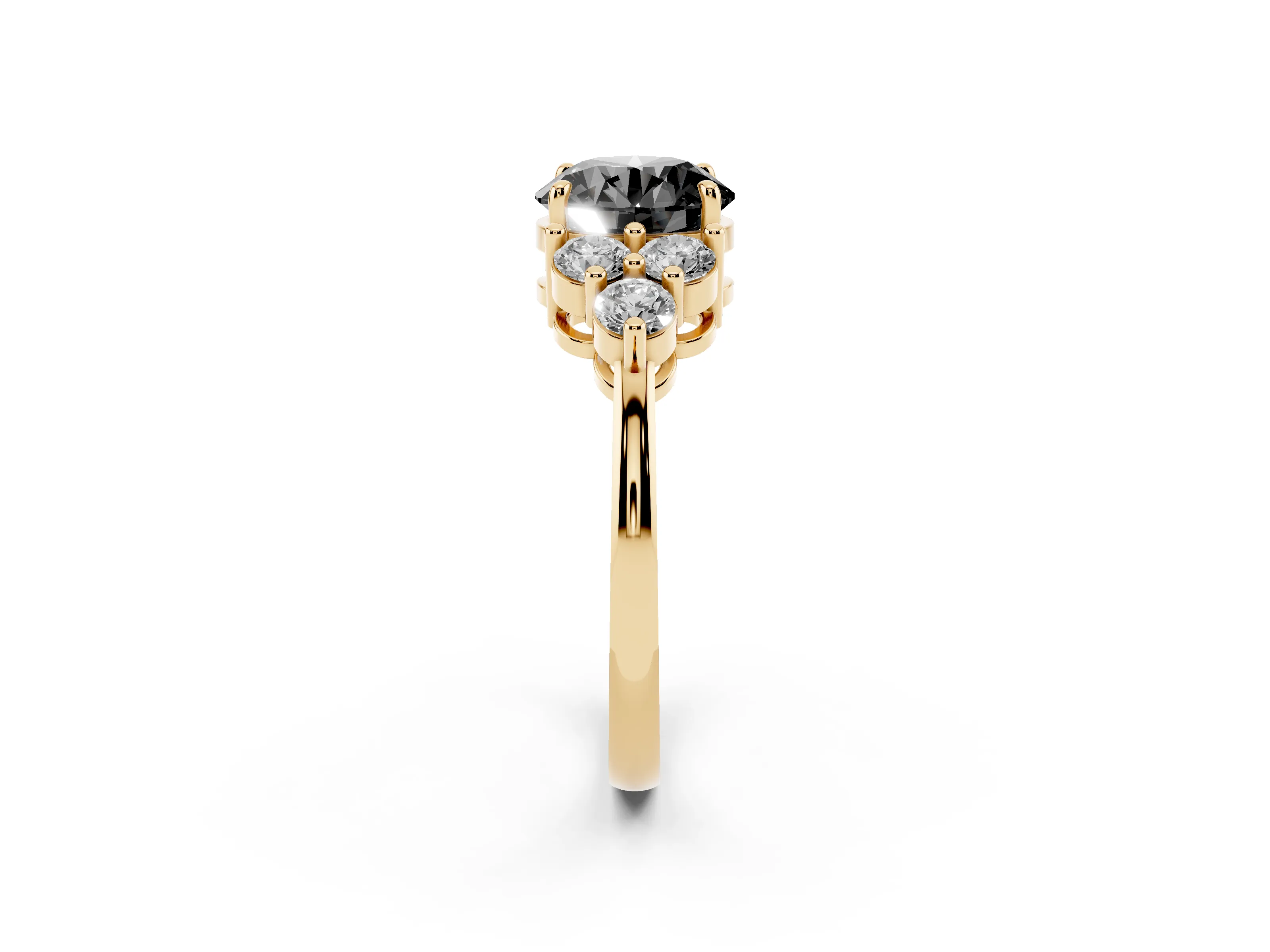 Fancy Black Round Cut Diamond Solitaire Ring Set in Yellow gold with Cluster Accents on Each Side