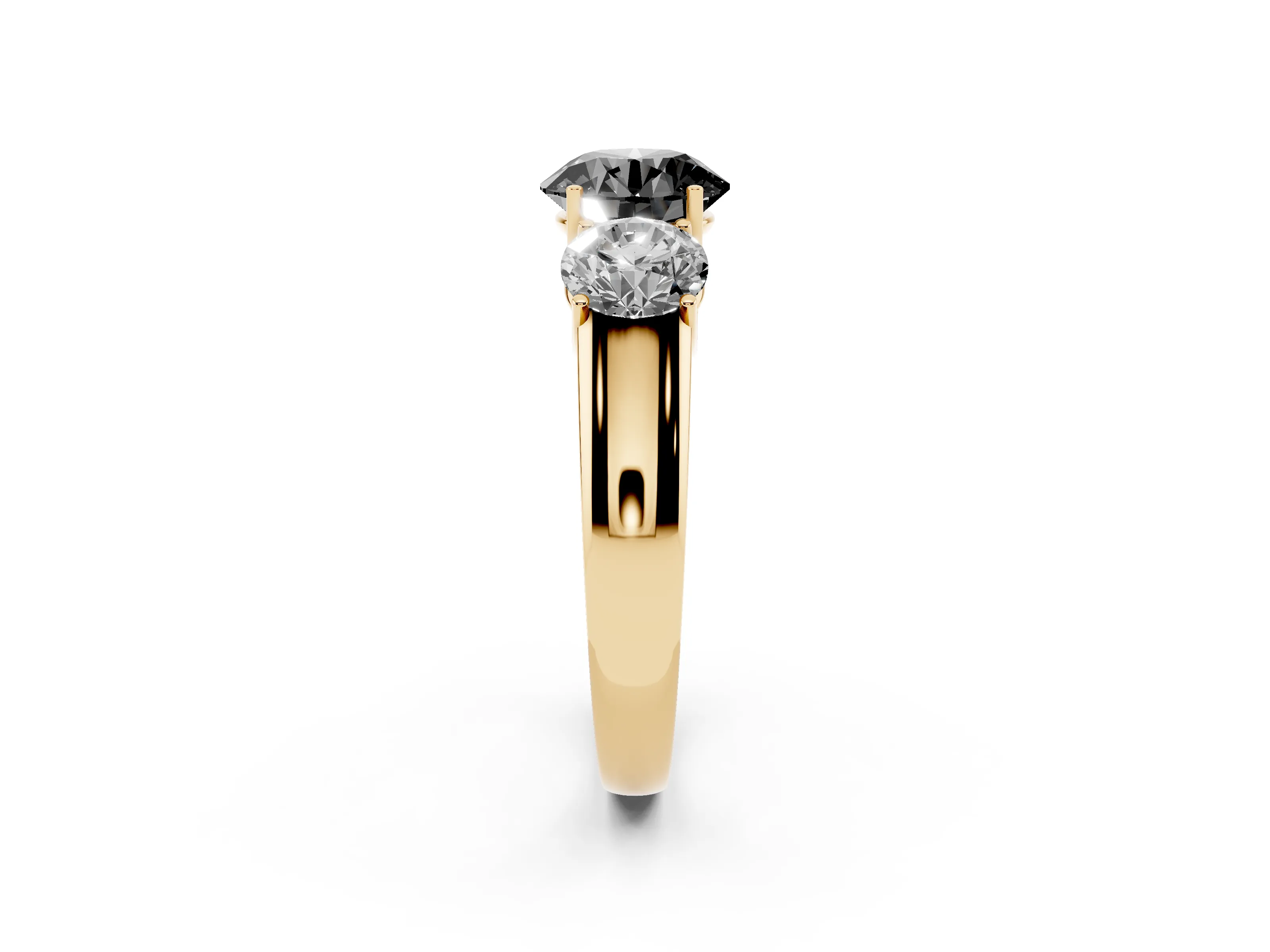 Fancy Black Three-Stone Round Cut Diamond Ring Set in Yellow gold with Matching Prong Settings and Plain Band