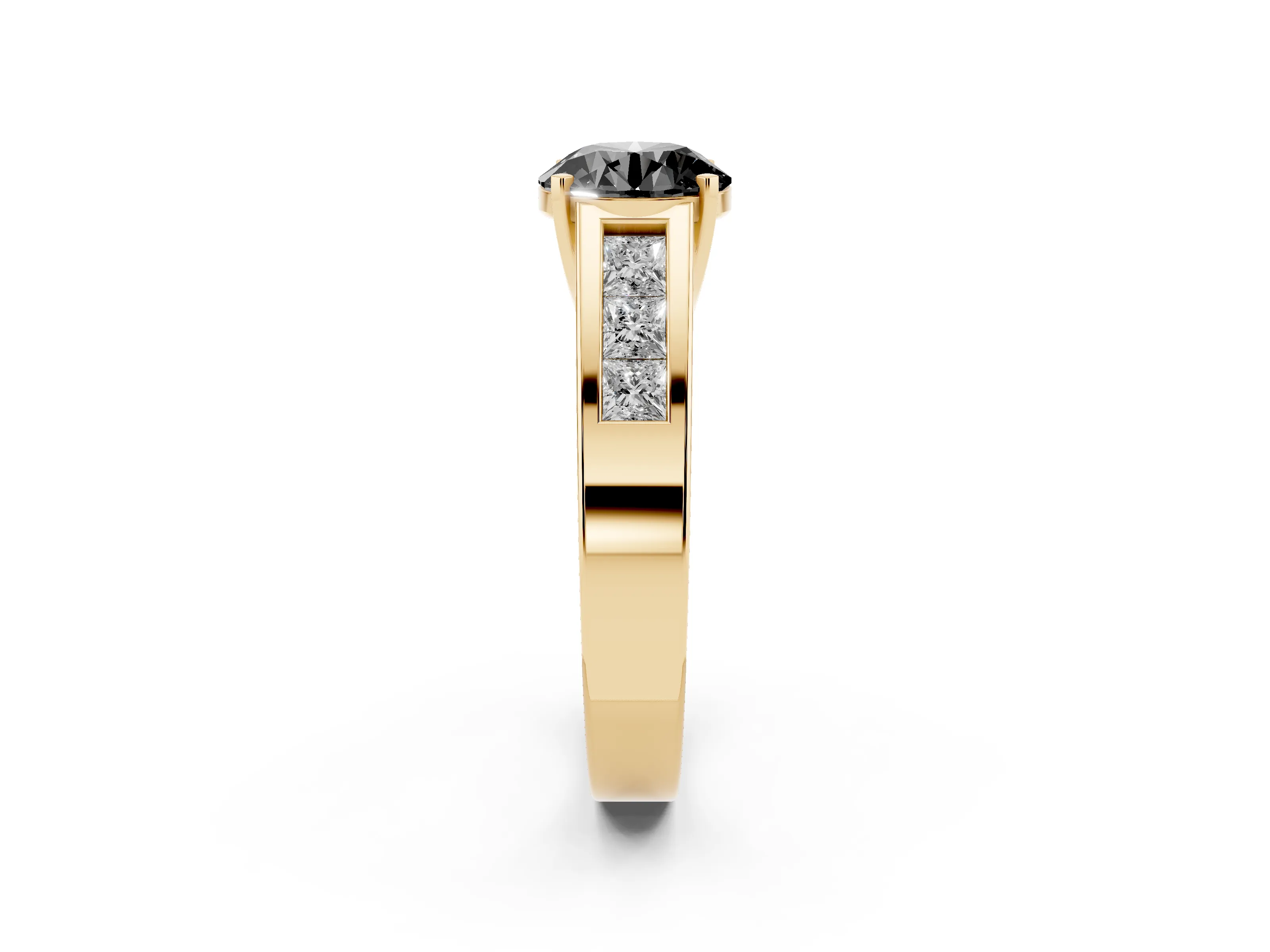 Fancy Black Round Cut Diamond Solitaire Ring Set in Yellow gold with Channel-Set Accent Stones and Prong Setting