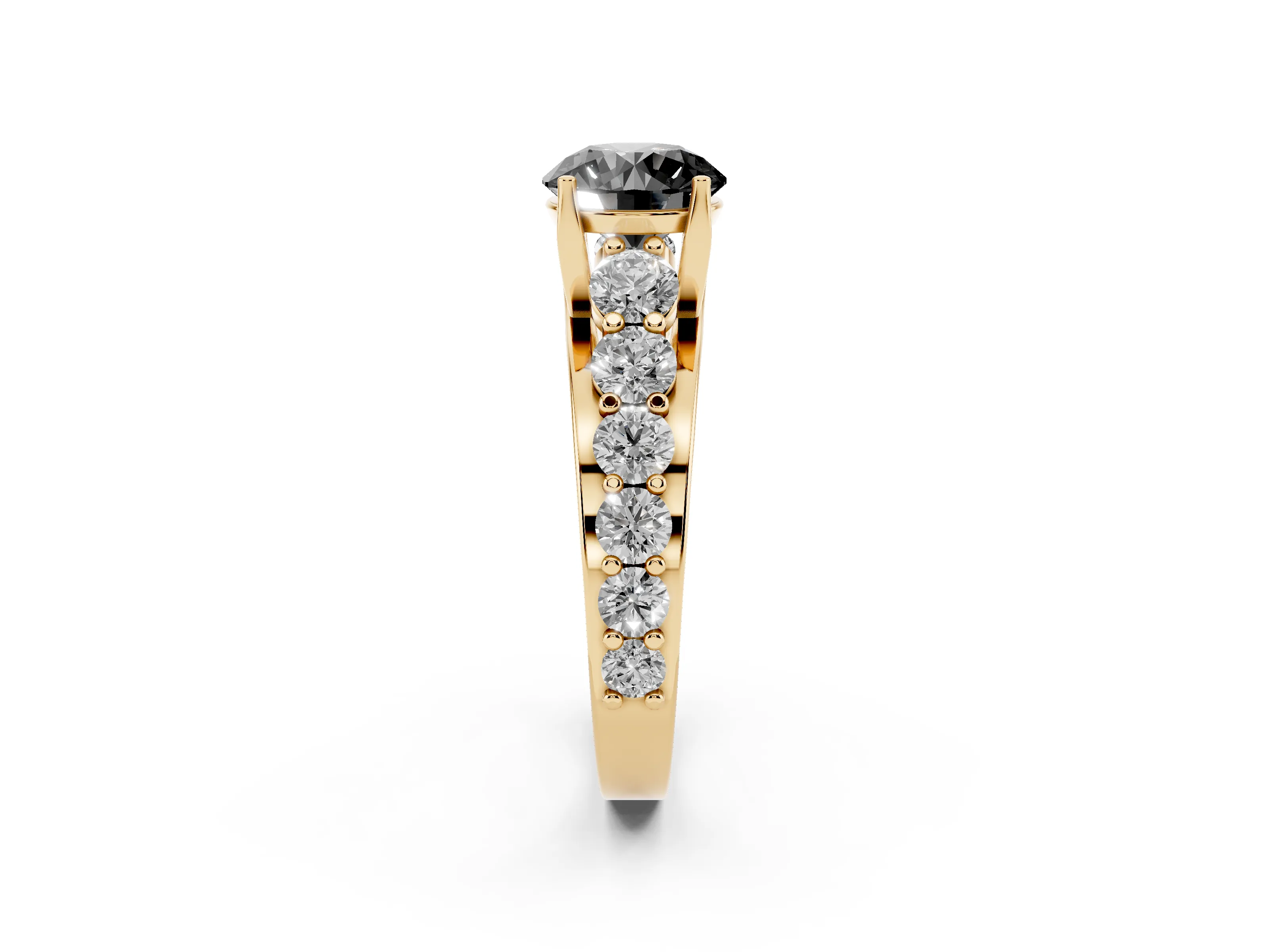 Fancy Black Round Cut Diamond Pavé Engagement Ring Set in Yellow gold with Prong Setting