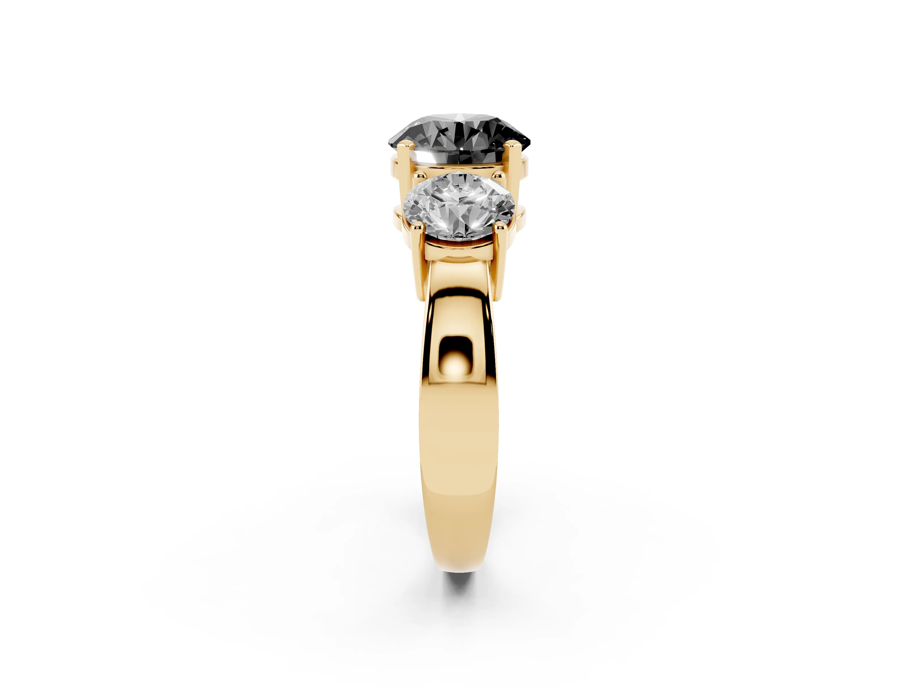 Fancy Black Round Cut Diamond Three-Stone Ring Set in Yellow gold with Round Side Stones and Classic Band