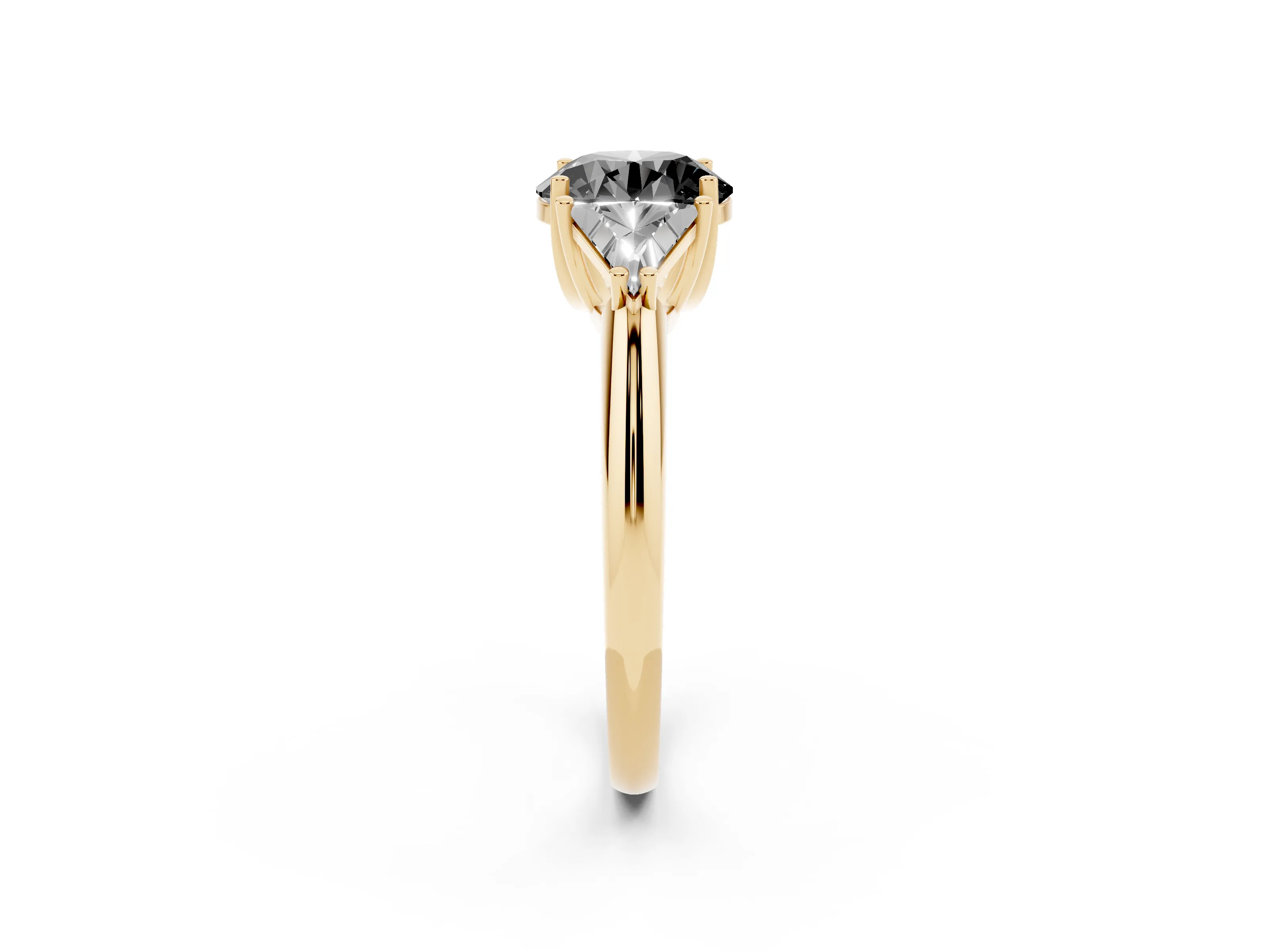 Fancy Black Round Cut Diamond Three-Stone Engagement Ring Set in Yellow gold with Trillion Side Stones