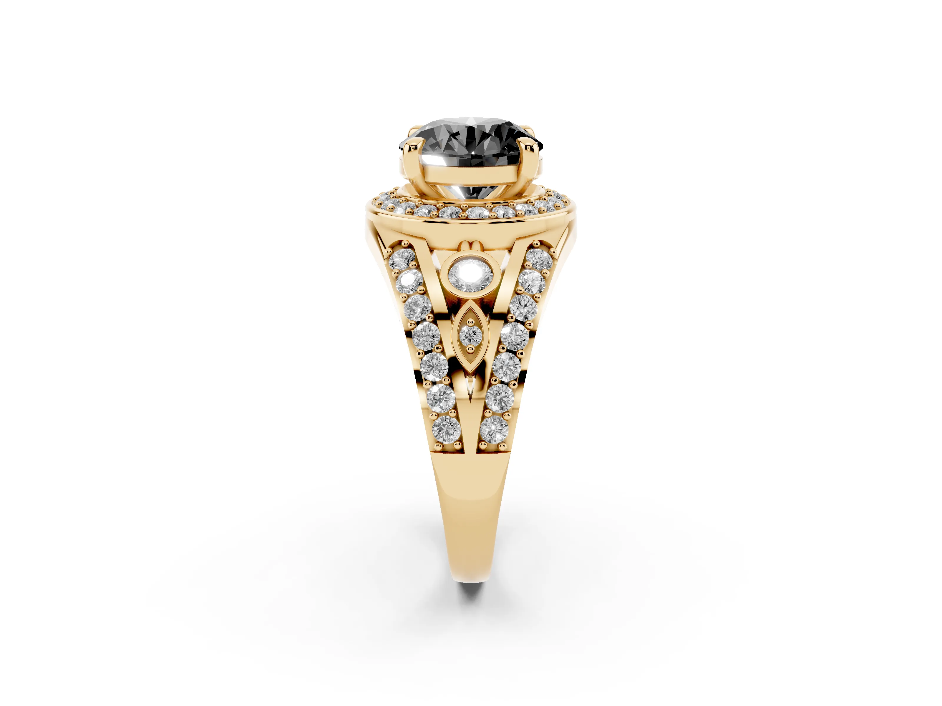 Fancy Black Round Cut Diamond Halo Ring Set in Yellow gold with Pavé Split Shank and Bezel Accents