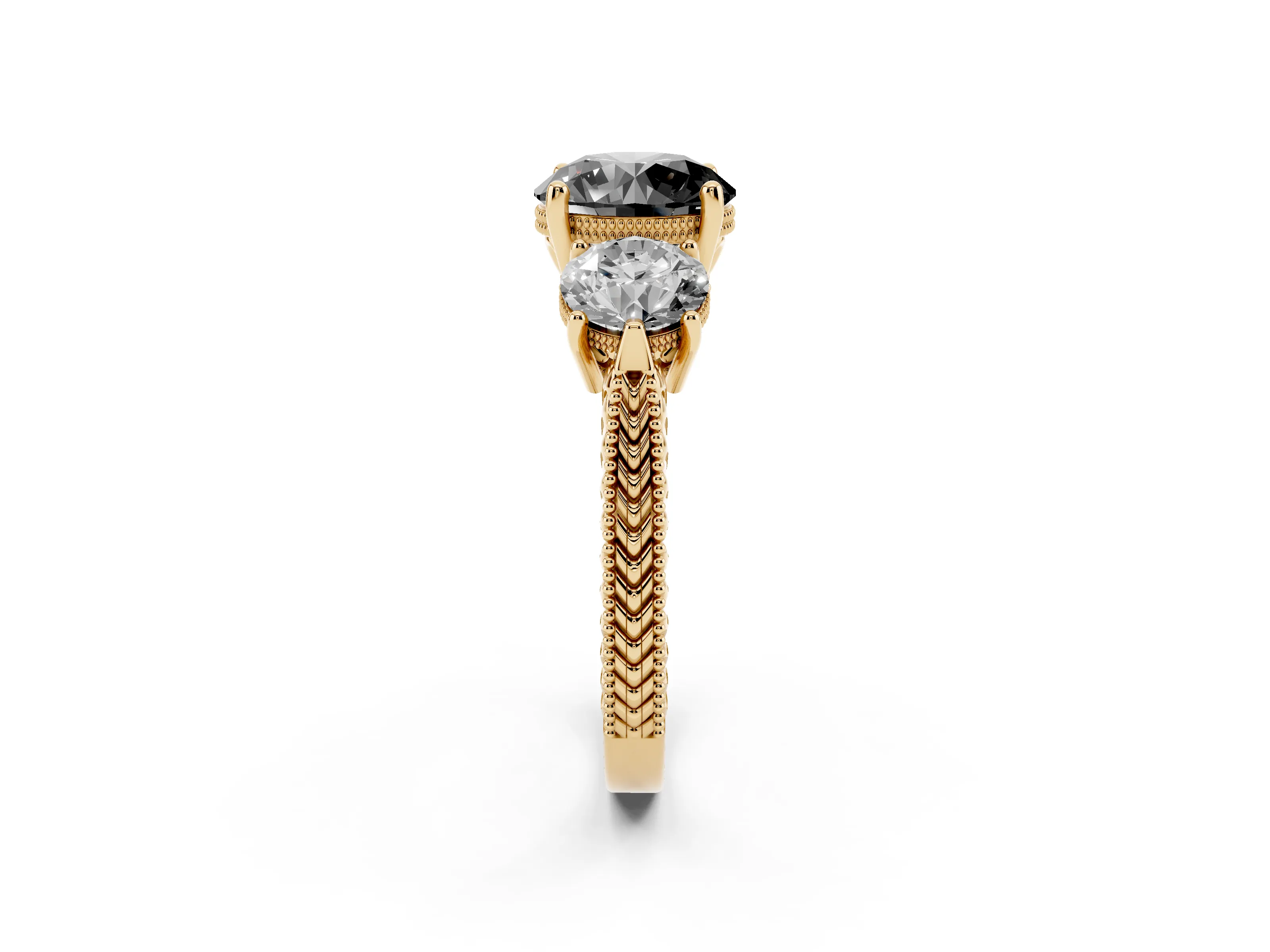 Fancy Black Round Cut Diamond Three-Stone Ring Set in Yellow gold with Milgrain Band