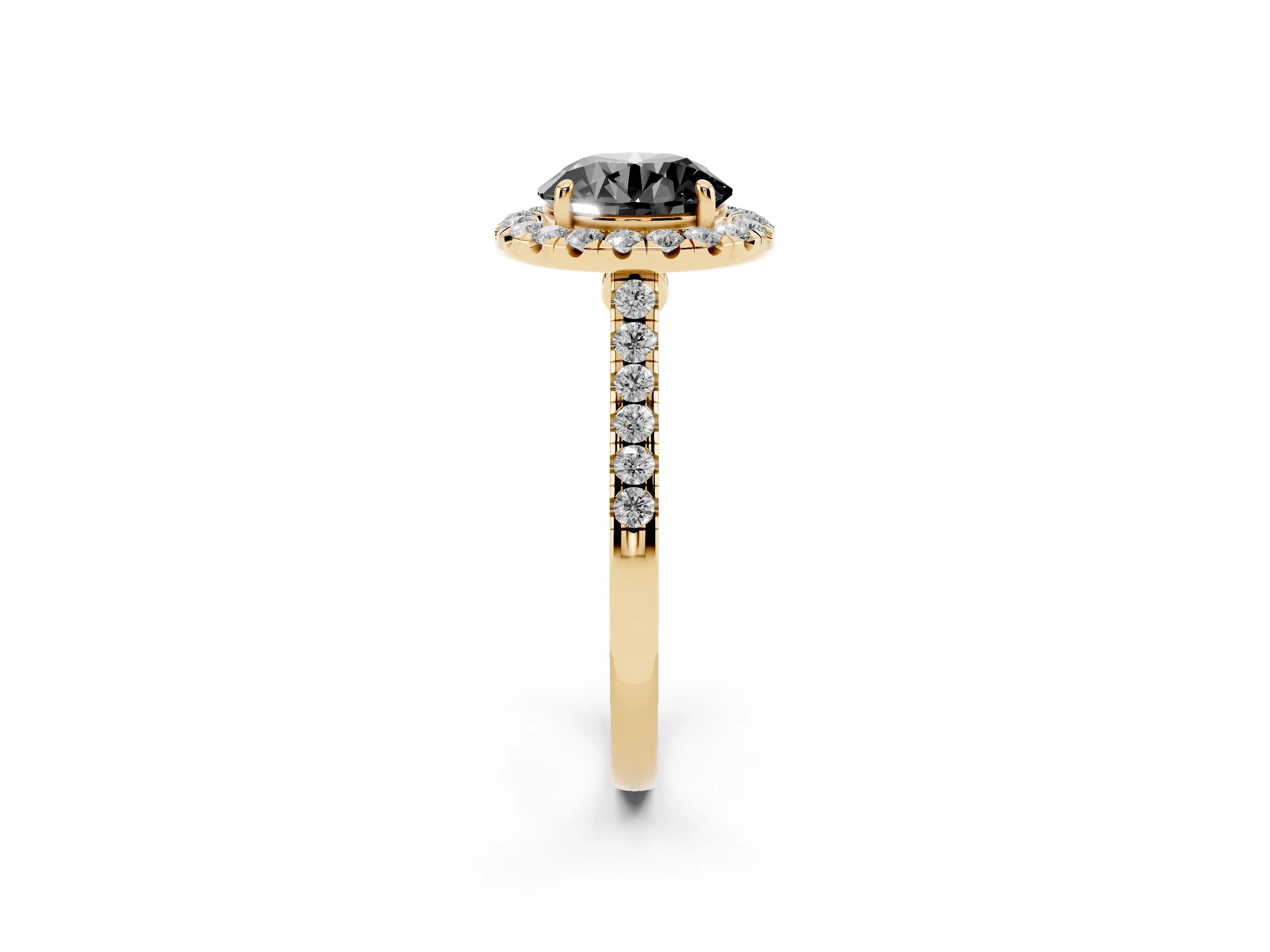 Fancy Black Round Cut Diamond Halo Pavé Engagement Ring Set in Yellow gold with Prong Setting