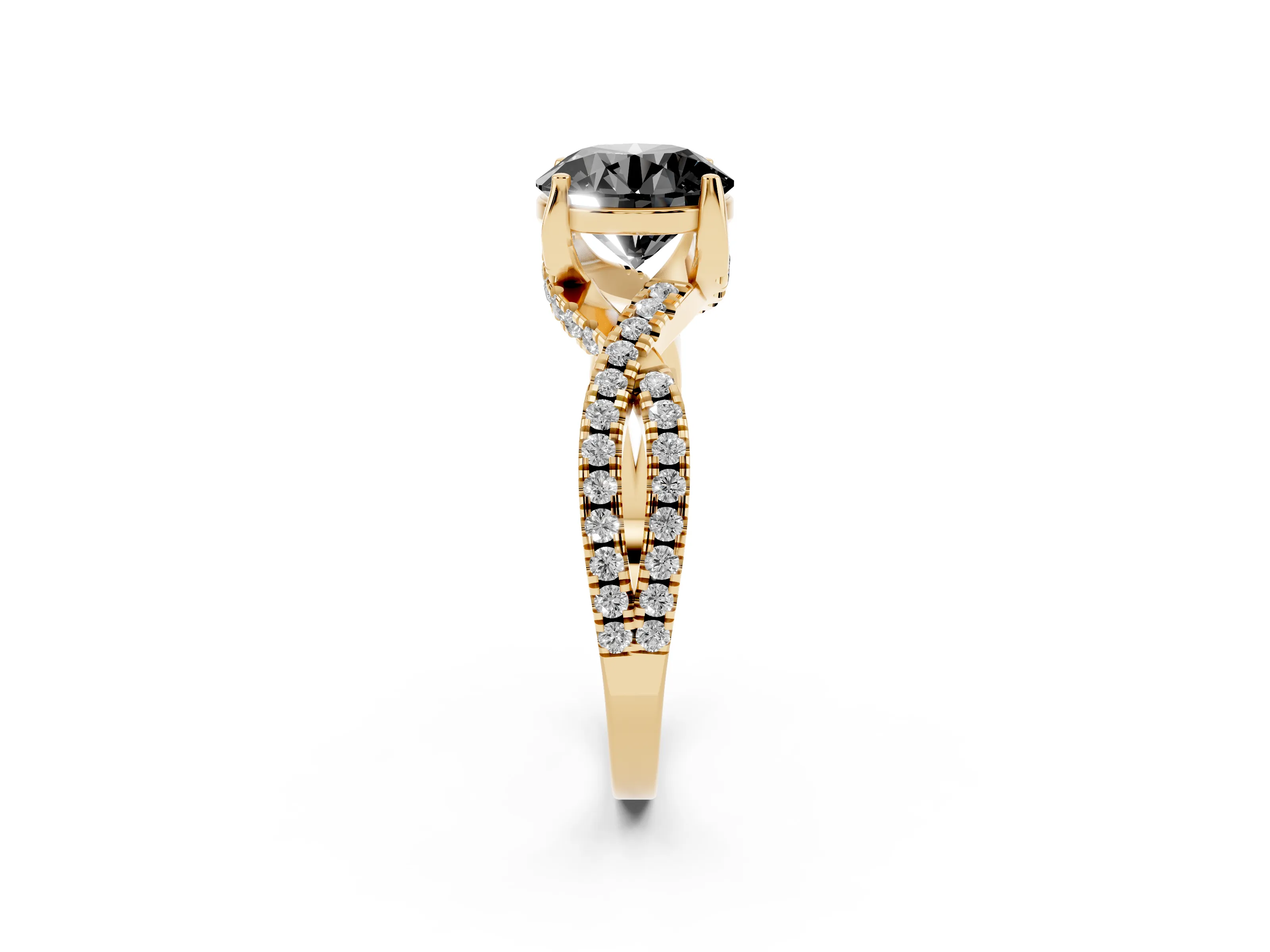 Fancy Black Round Cut Diamond Twist Pavé Solitaire Engagement Ring Set in Yellow gold with Prong Setting