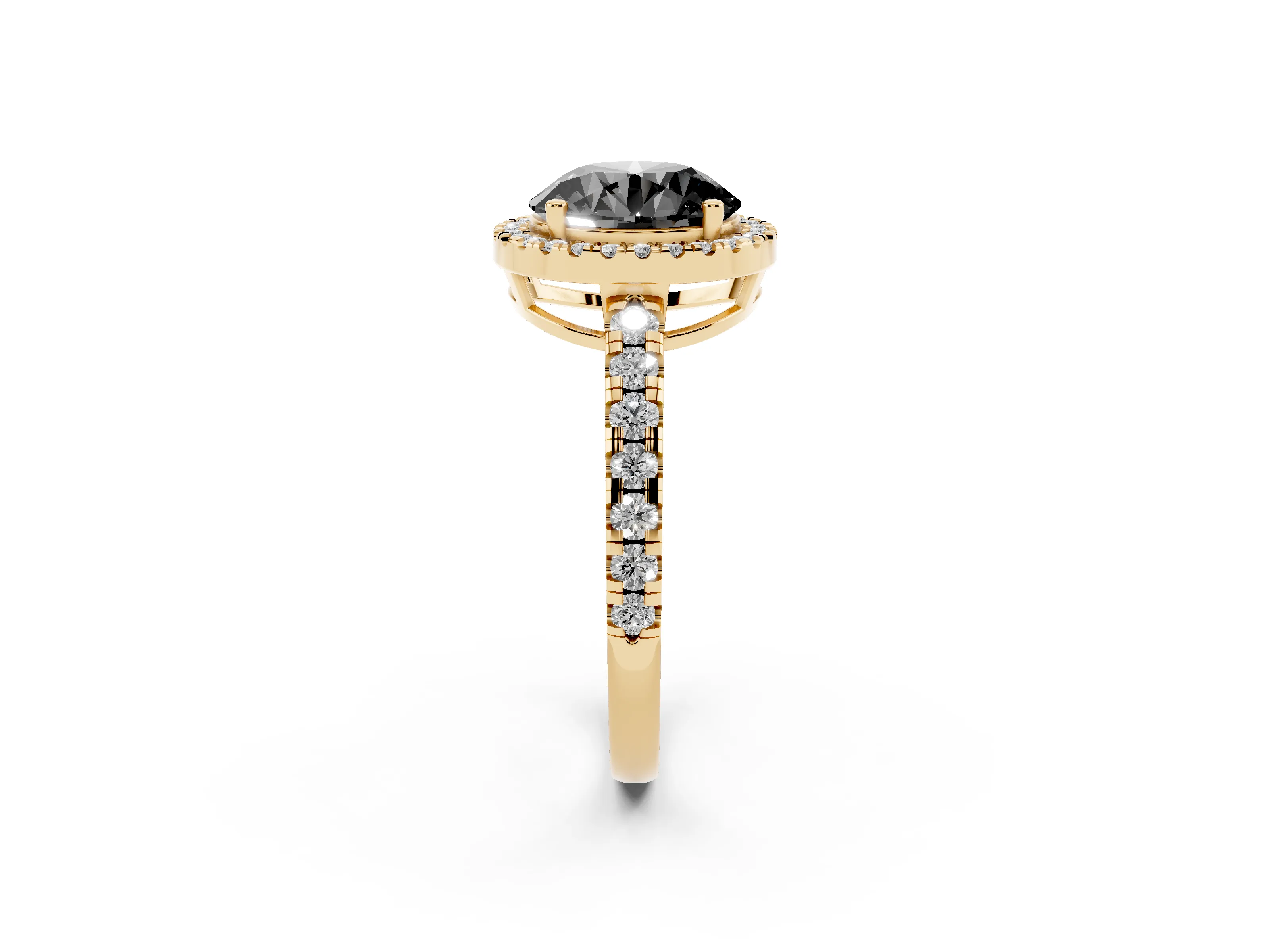 Fancy Black Round Cut Diamond Halo Ring Set in Yellow gold with Delicate Pavé Band and Prong Setting