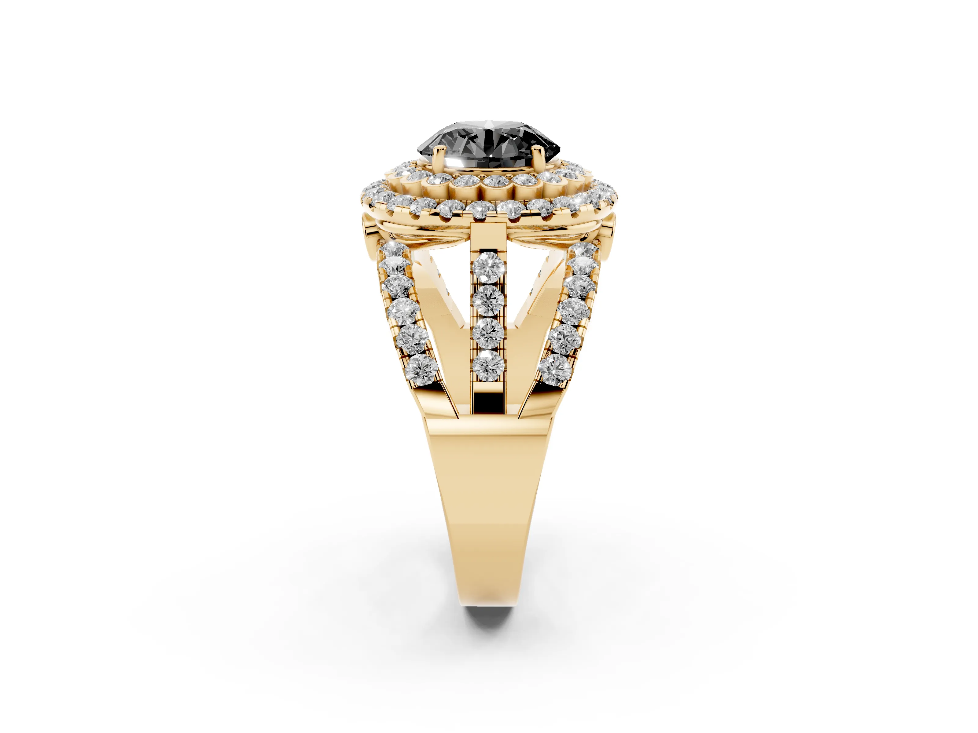 Fancy Black Round Cut Diamond Double Halo Ring Set in Yellow gold with Round Pavé Split Shank