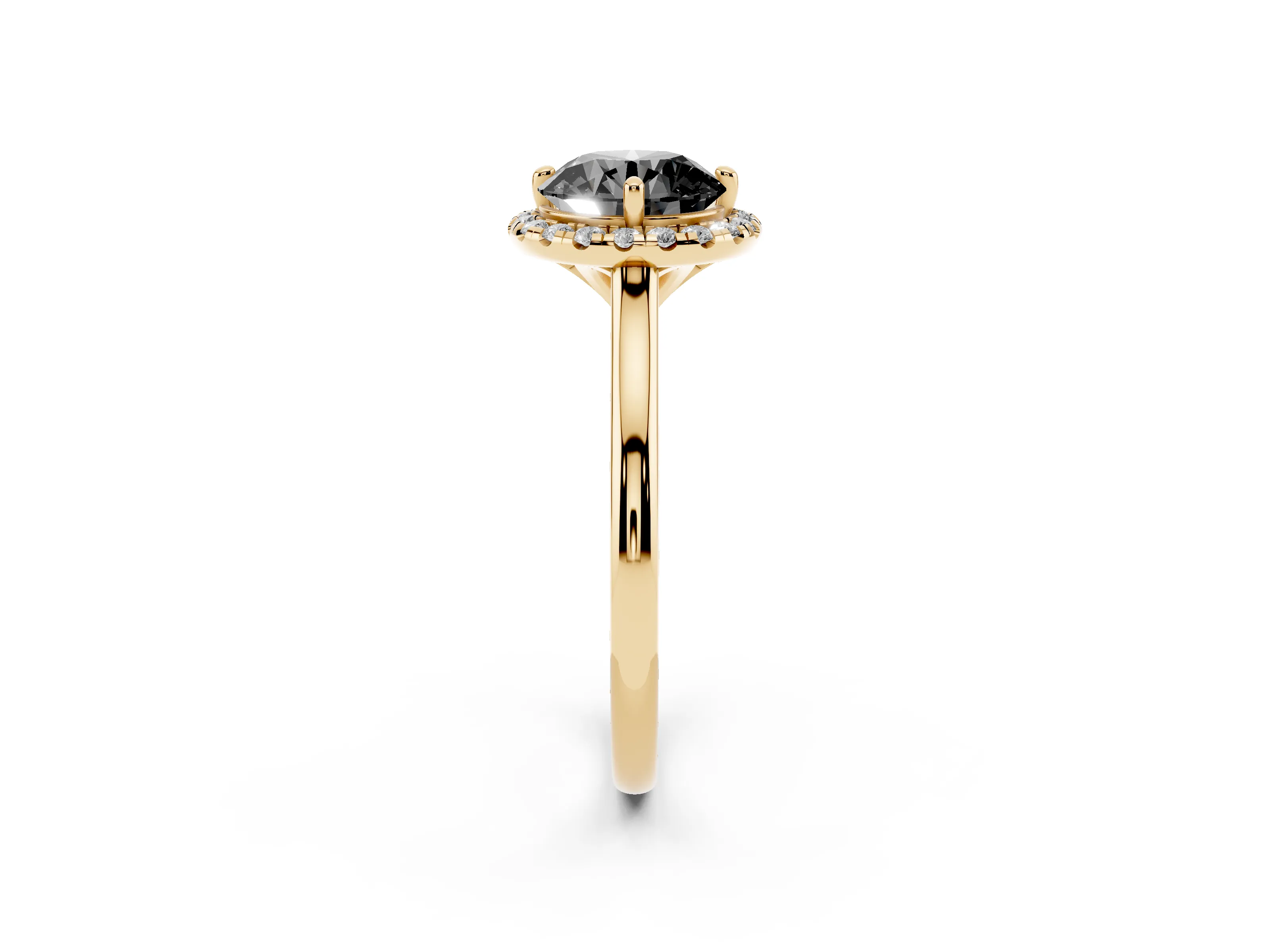 Fancy Black Round Cut Diamond Halo Engagement Ring Set in Yellow gold with Pavé Band and Rising Shoulders