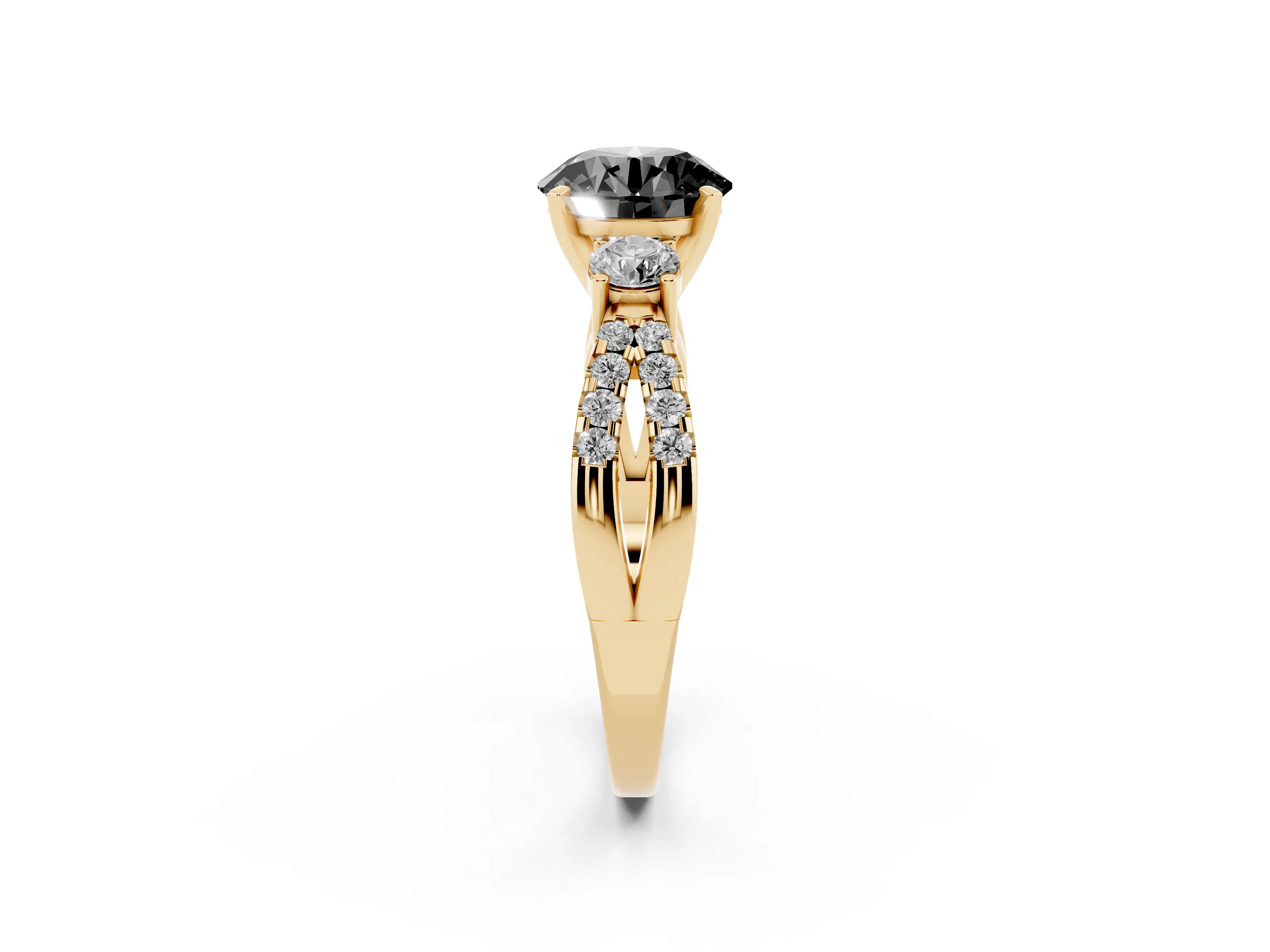Fancy Black Round Cut Diamond Three-Stone Ring Set in Yellow gold with Pavé Split Shank and Prong Setting