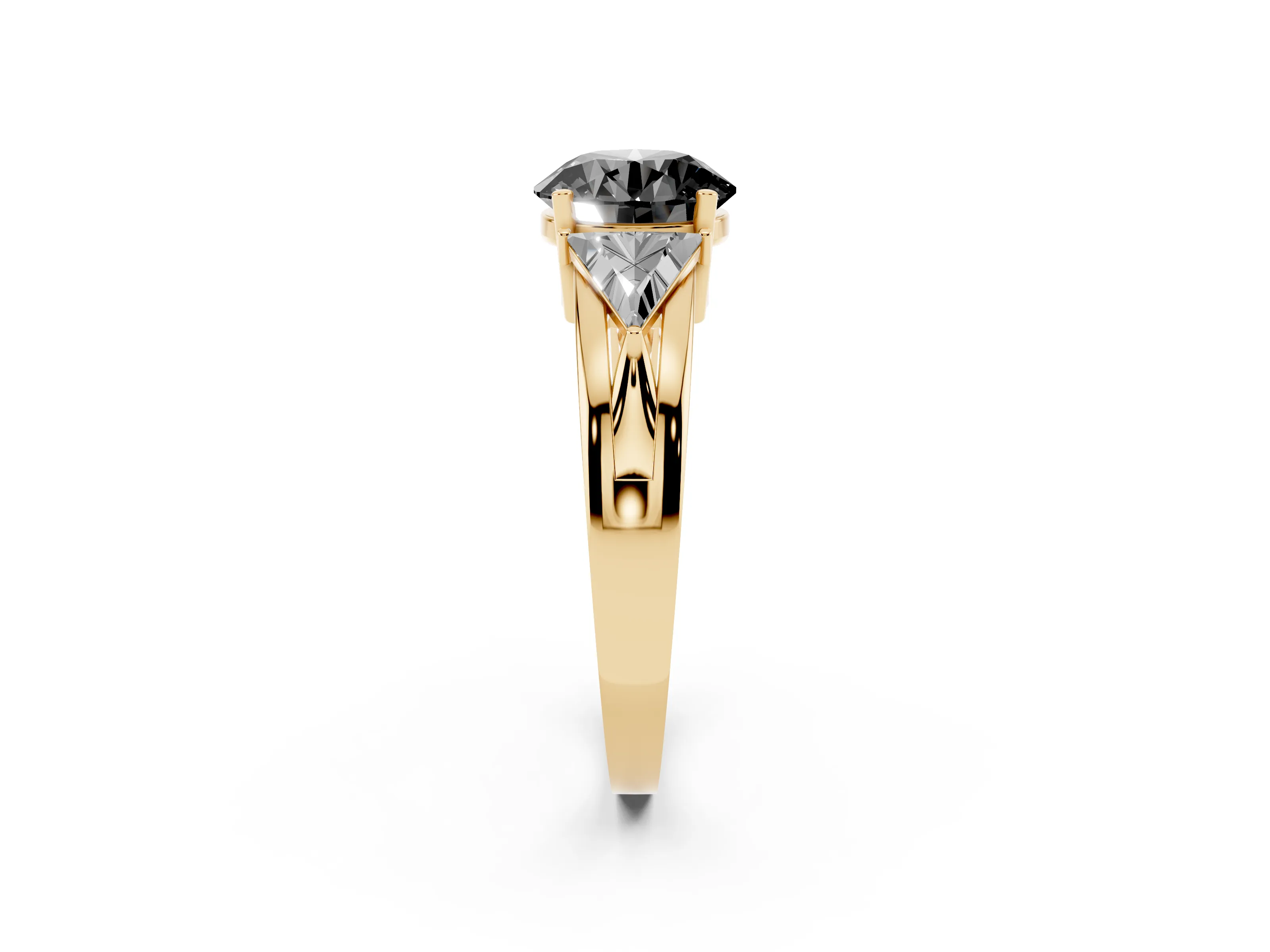 Fancy Black Round Cut Diamond Three-Stone Ring Set in Yellow gold with Trillion Side Stones and Split Shank