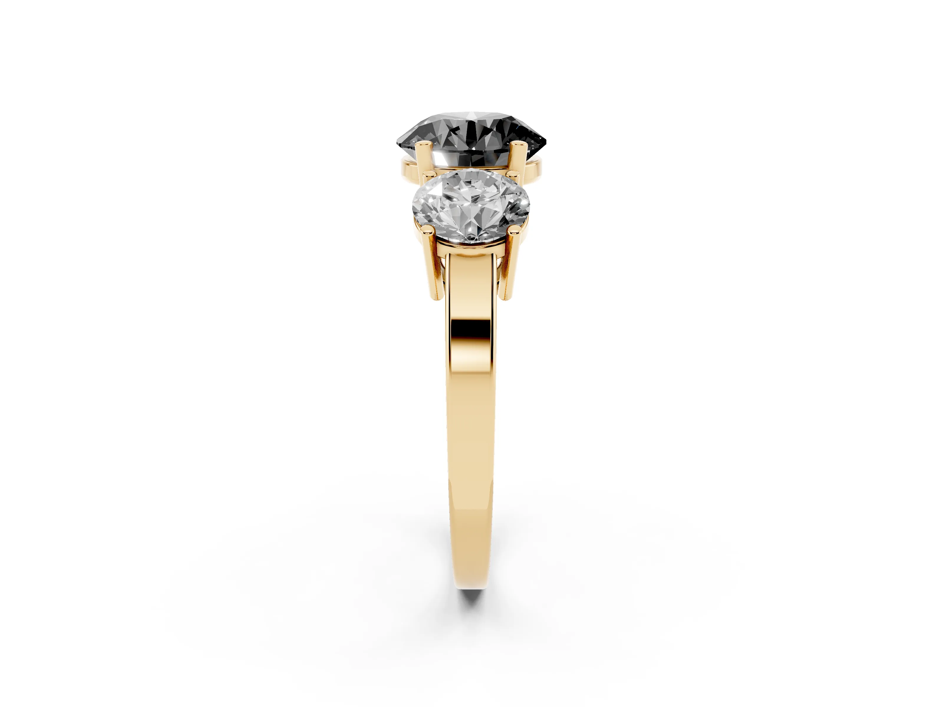 Fancy Black Round Cut Diamond Three-Stone Engagement Ring Set in Yellow gold with Flat Band