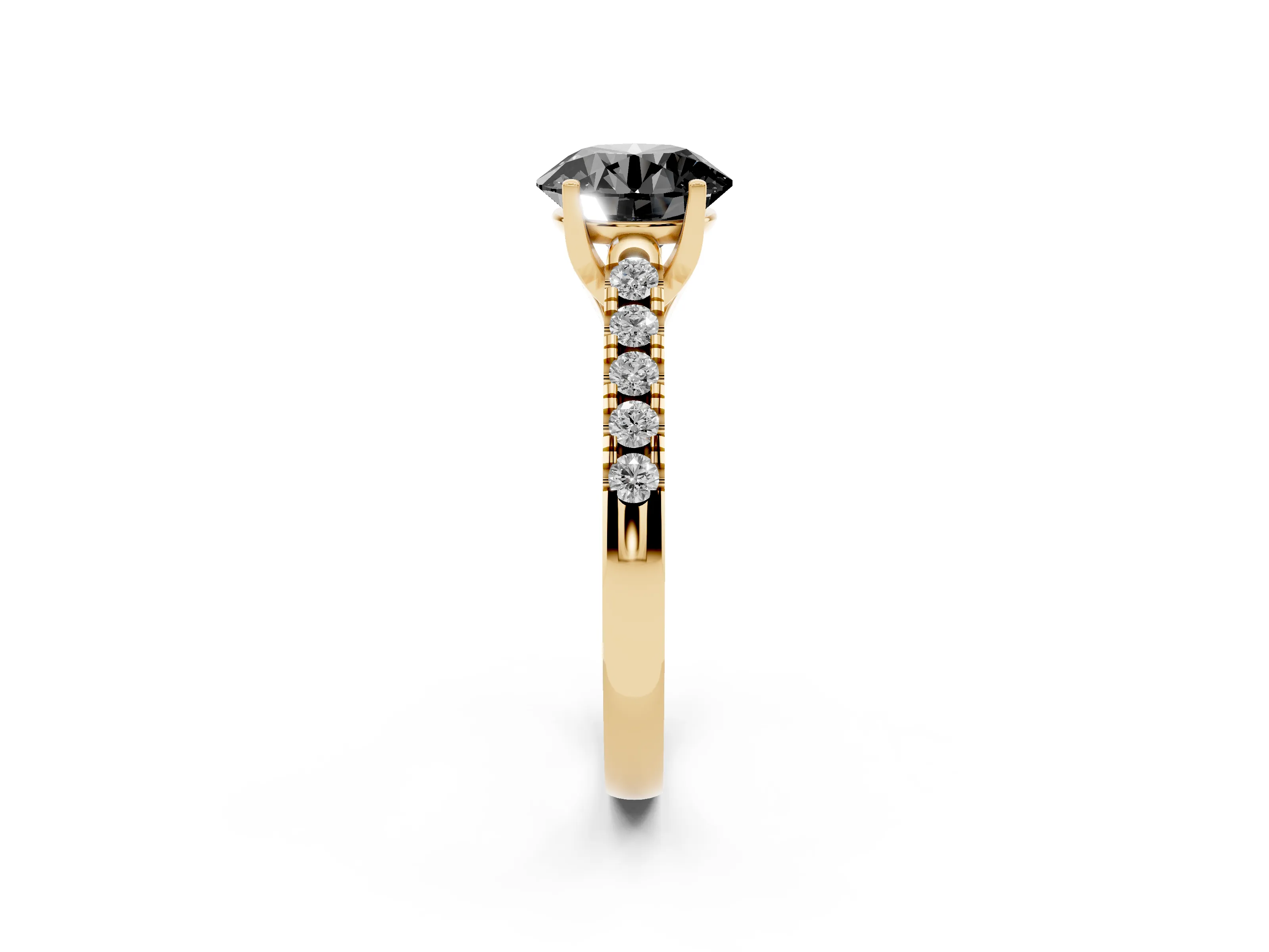 Fancy Black Round Cut Diamond Pavé Band Solitaire Ring Set in Yellow gold with Partway Accent Stones and Prong Setting