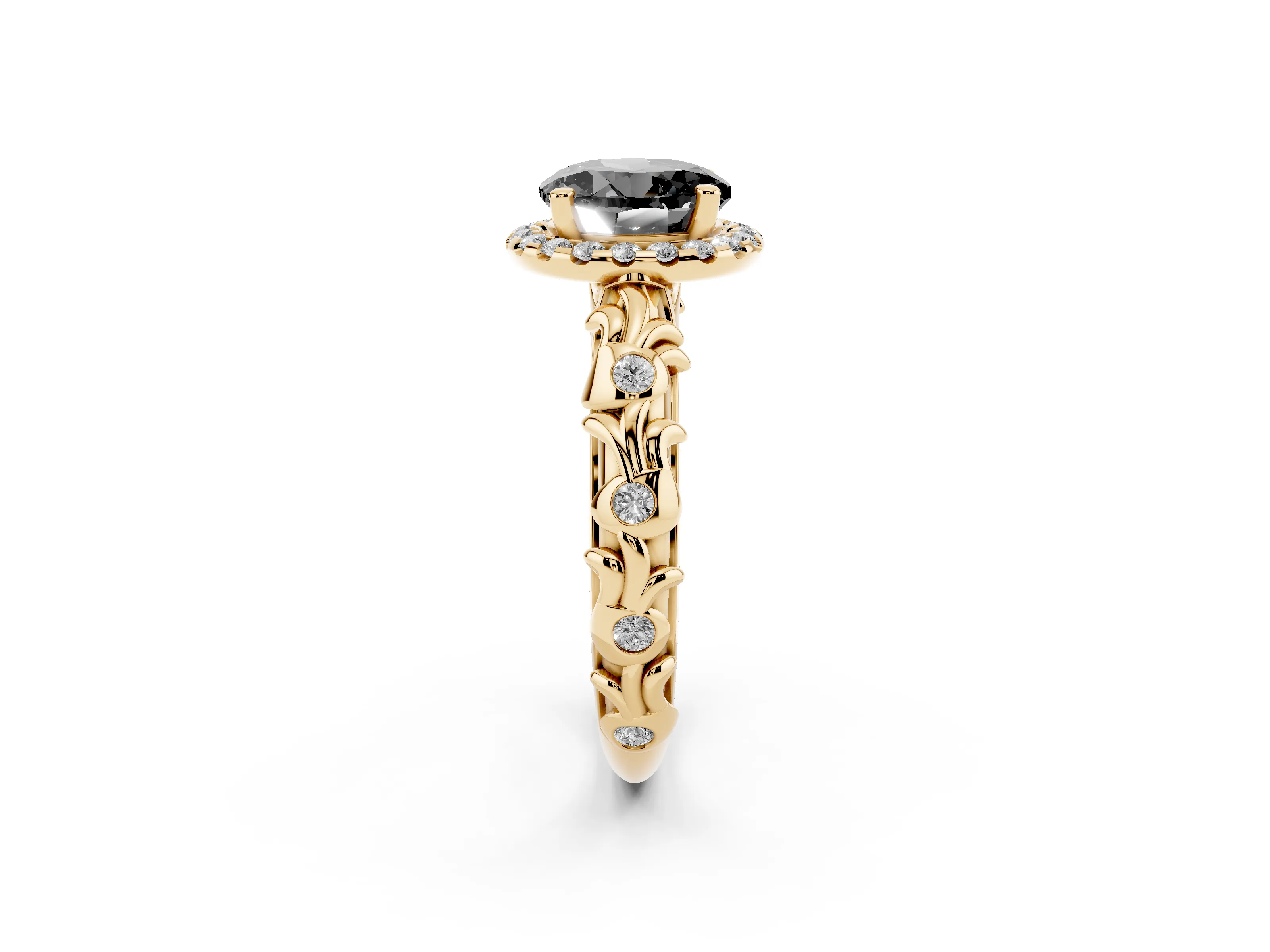 Fancy Black Round Cut Diamond Halo Ring Set in Yellow gold with Filigree Leaf Band and Prong Setting