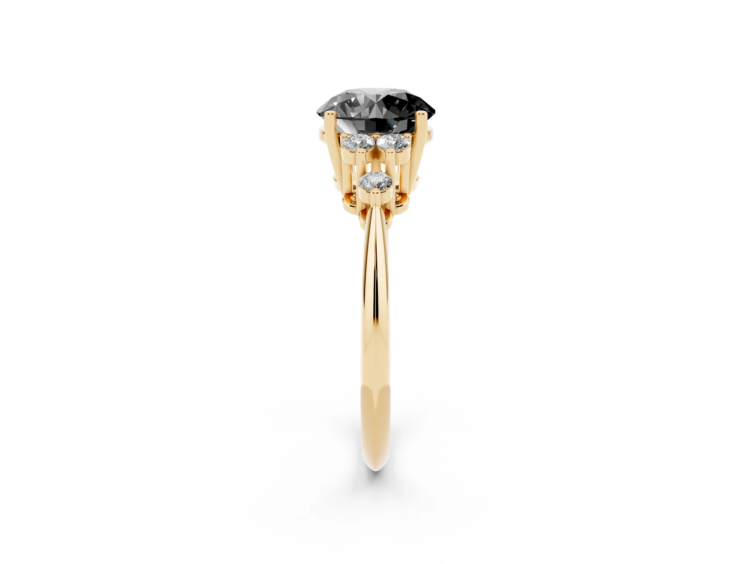 Fancy Black Round Cut Diamond Cluster Ring Set in Yellow gold with Plain Band and Prong Setting