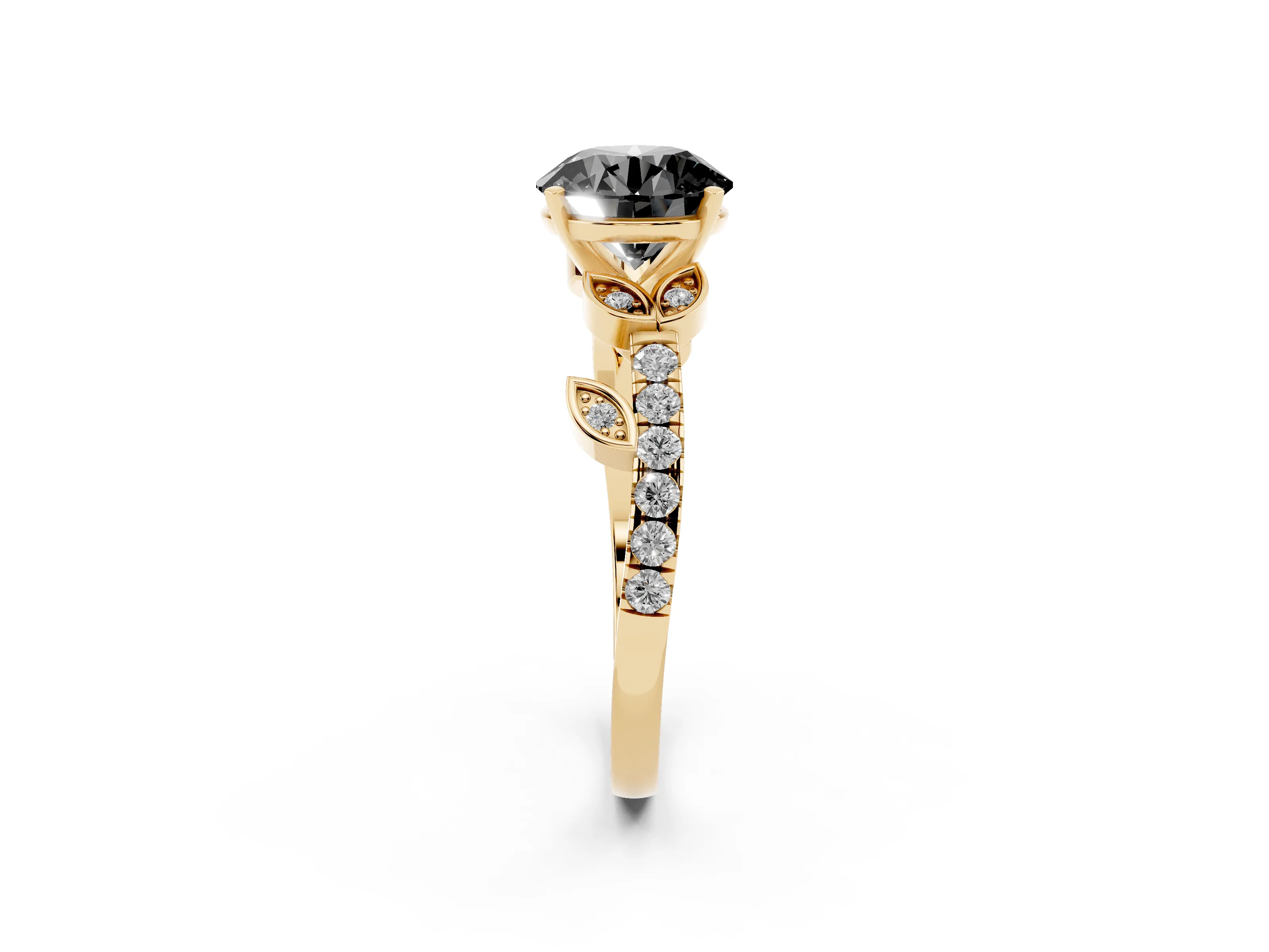 Fancy Black Round Cut Diamond Solitaire Leaf-Inspired Ring Set in Yellow gold with Pavé Band and Prong Setting