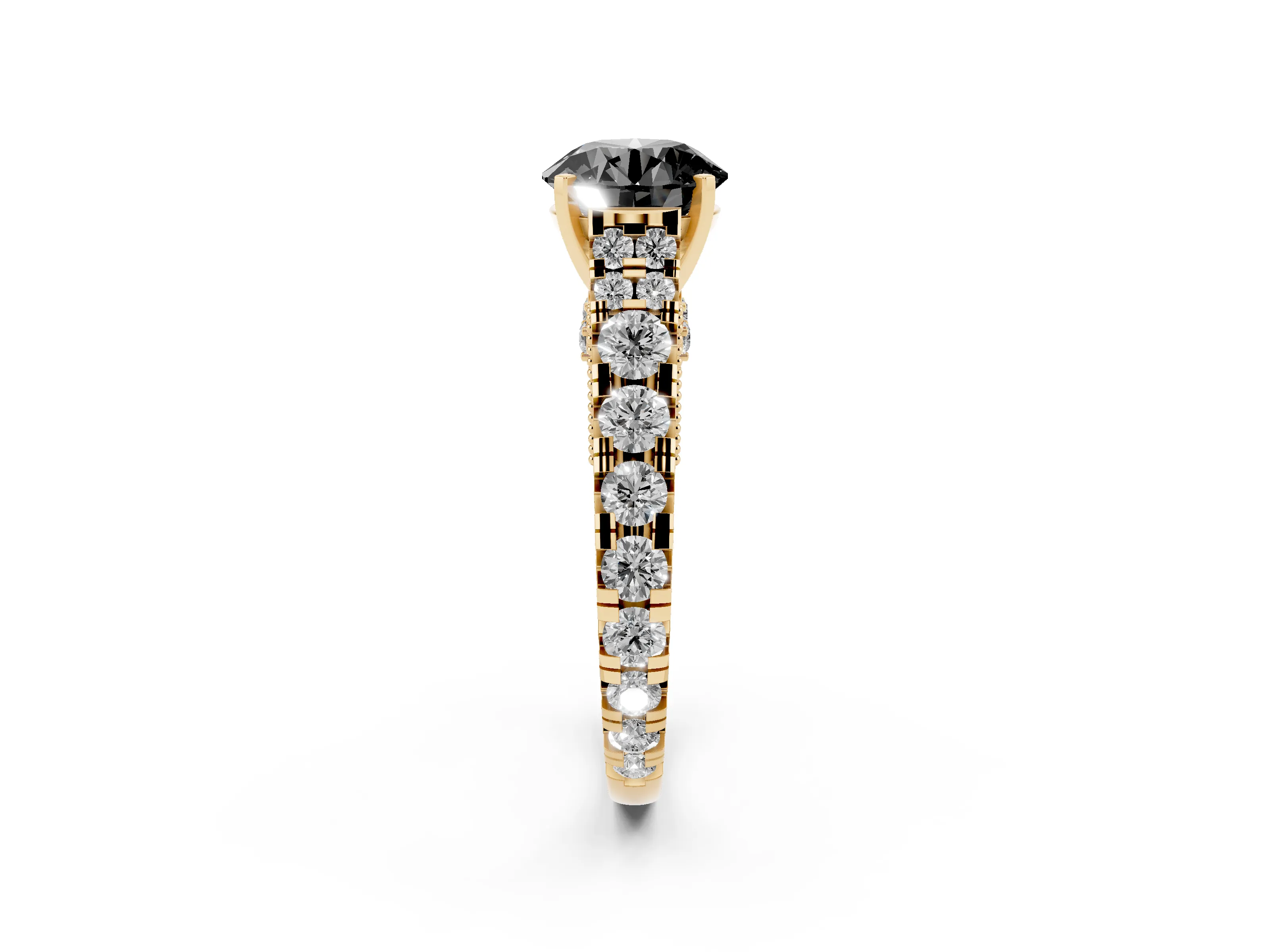 Fancy Black Round Cut Diamond Classic Solitaire Ring Set in Yellow gold with Pavé Band and Prong Setting