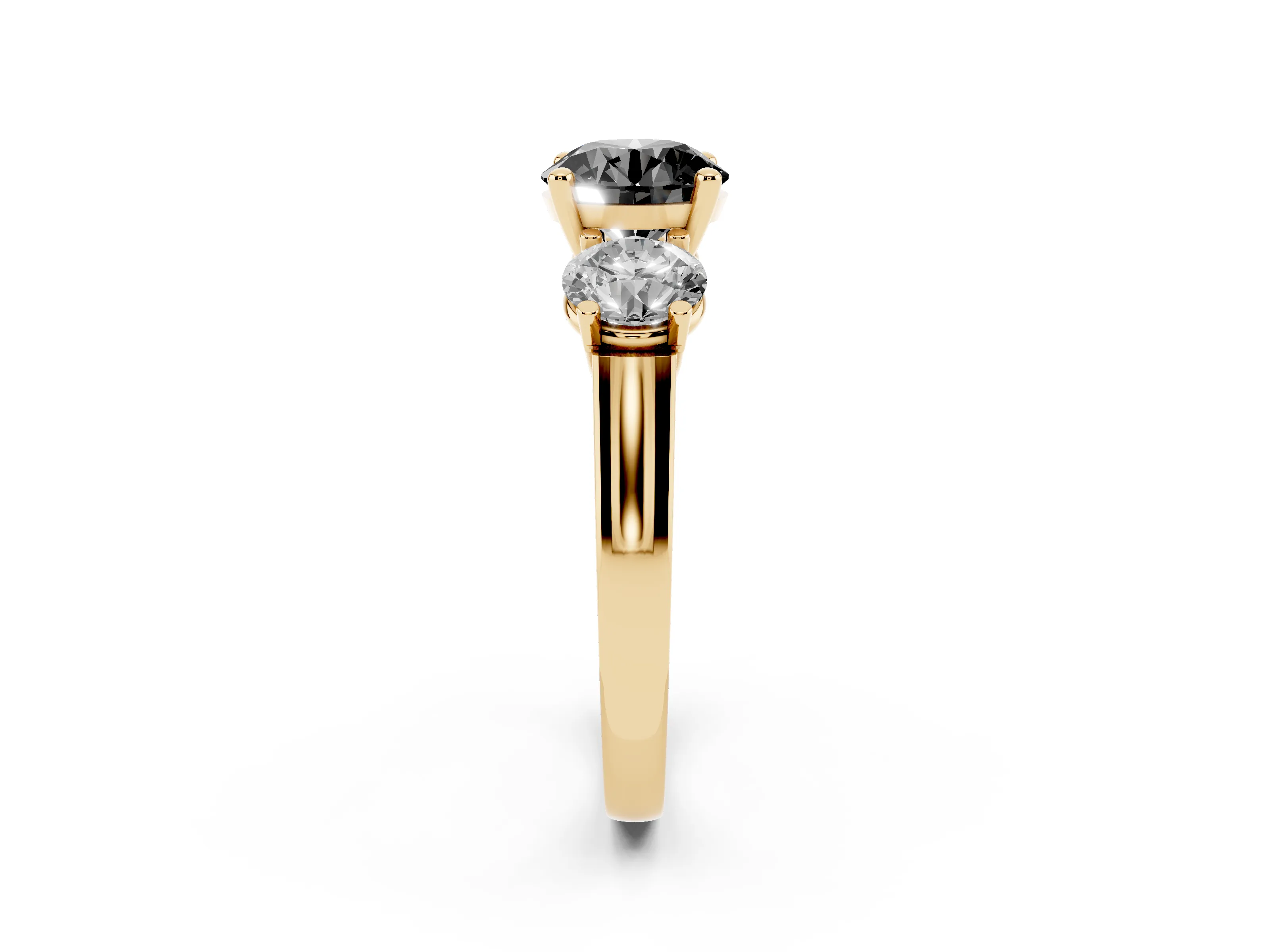 Fancy Black Round Cut Diamond Three-Stone Trellis Ring Set in Yellow gold with Comfort Fit Band