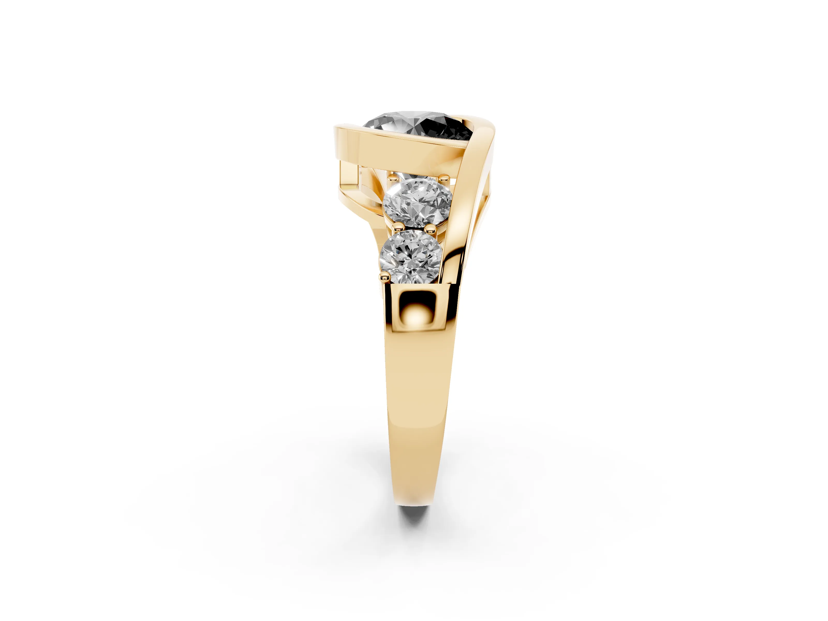 Fancy Black Round Cut Diamond Bezel Bypass Ring Set in Yellow gold with Round Accents