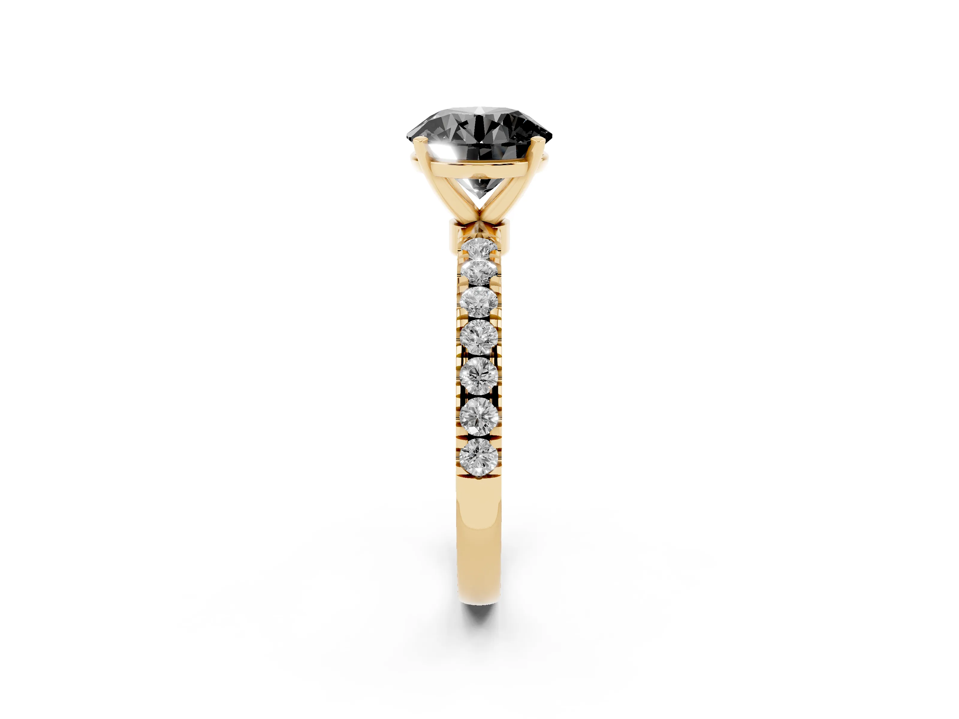 Fancy Black Round Cut Diamond Solitaire Ring Set in Yellow gold with Pavé Accents and Prong Setting