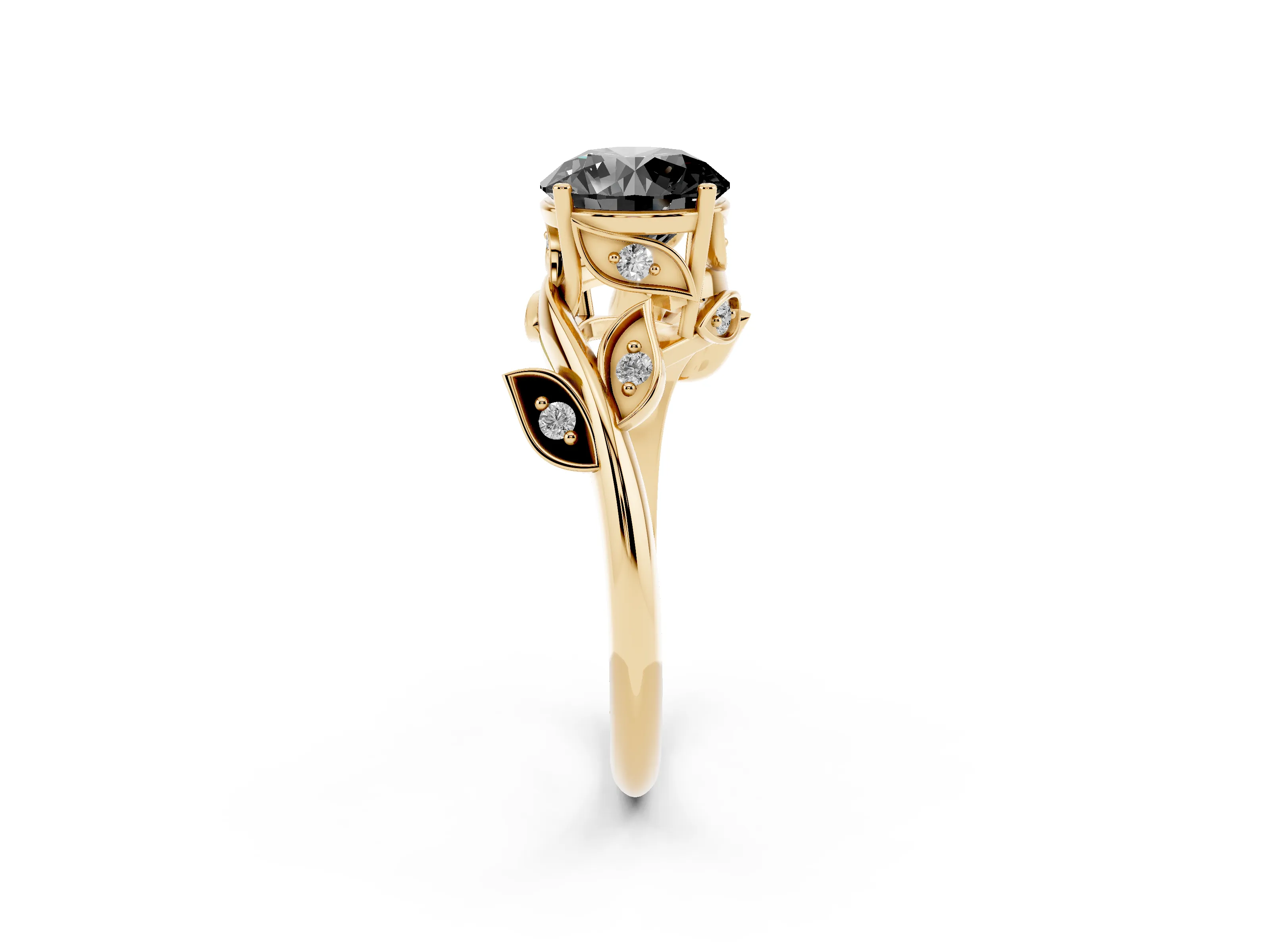 Fancy Black Round Cut Diamond Solitaire Twist Engagement Ring Set in Yellow gold with Pavé Leaf Accents