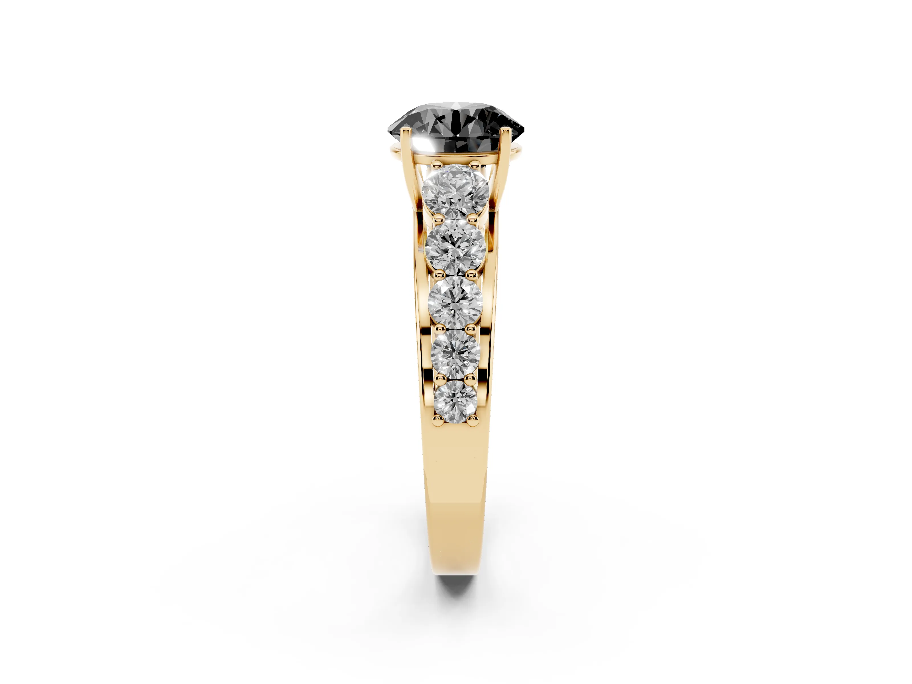 Fancy Black Round Cut Diamond Solitaire Ring Set in Yellow gold with Pavé-Set Band and Prong Setting