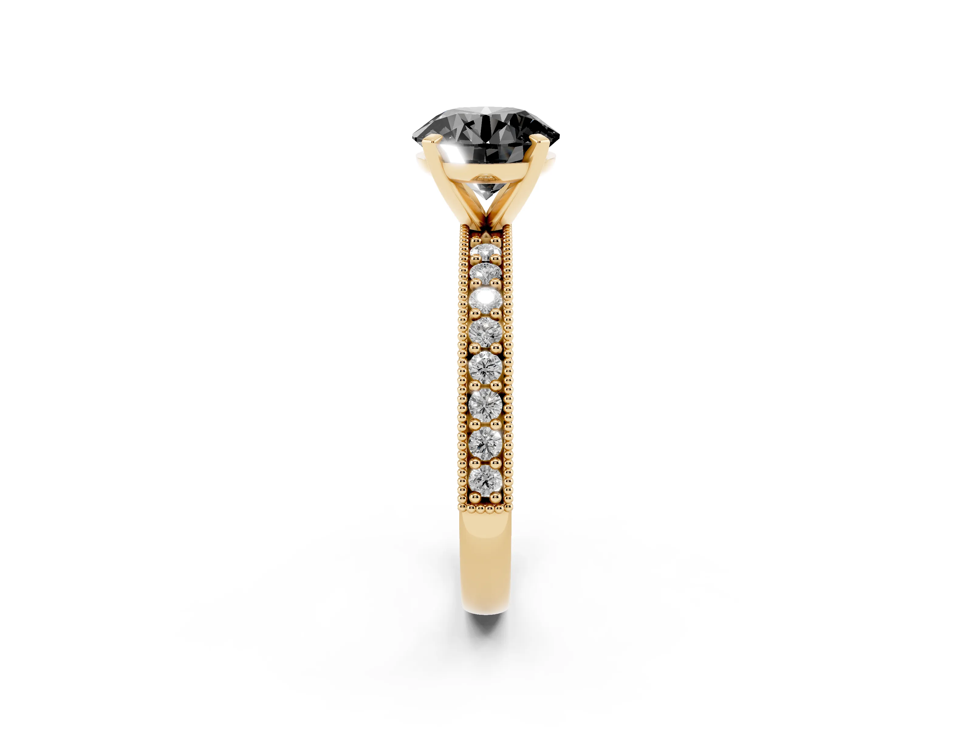 Fancy Black Round Cut Diamond Milgrain Pavé Engagement Ring Set in Yellow gold with Prong Setting