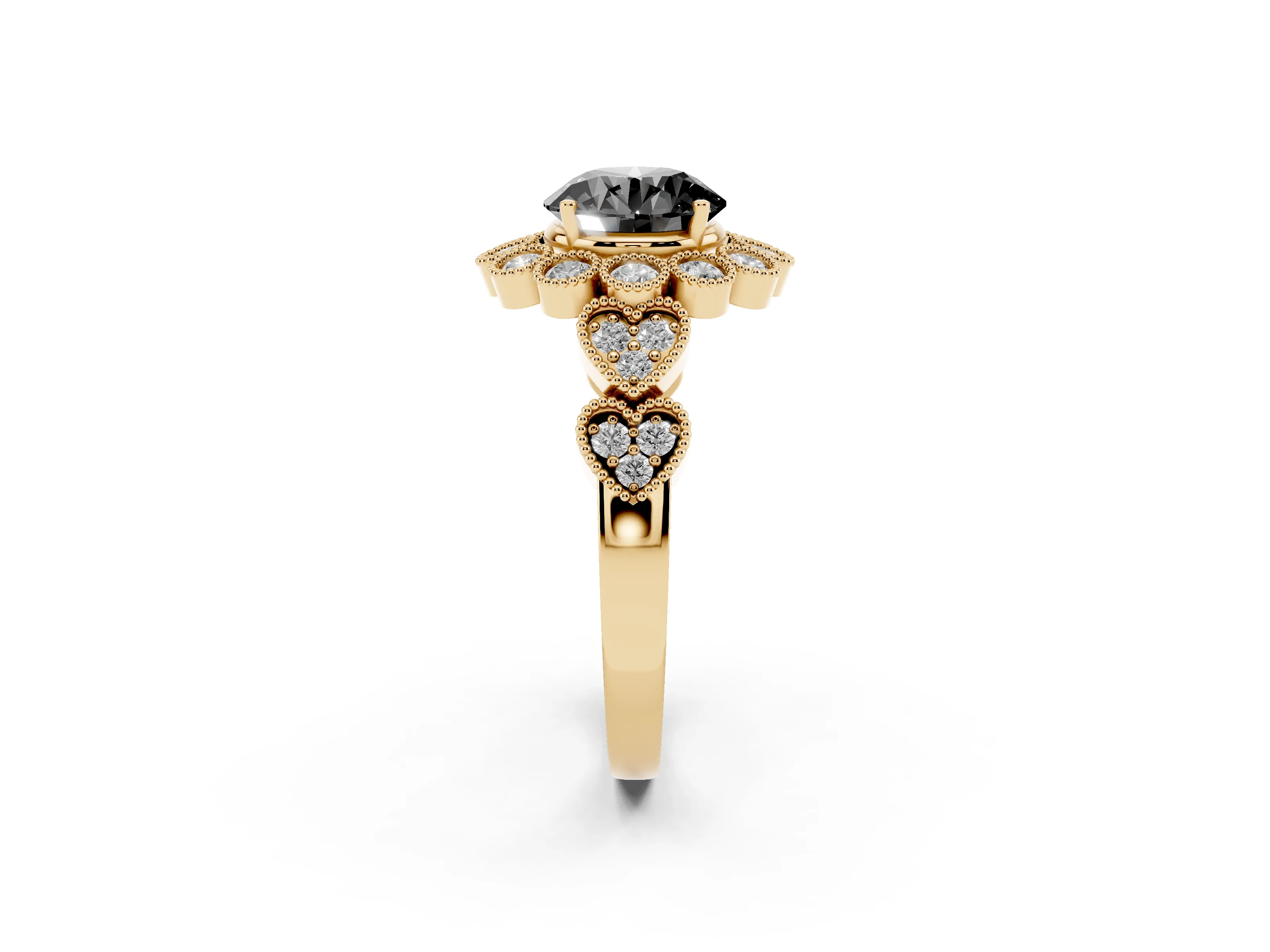 Fancy Black Round Cut Diamond Solitaire Ring Set in Yellow gold with Milgrain Pavé Heart Band