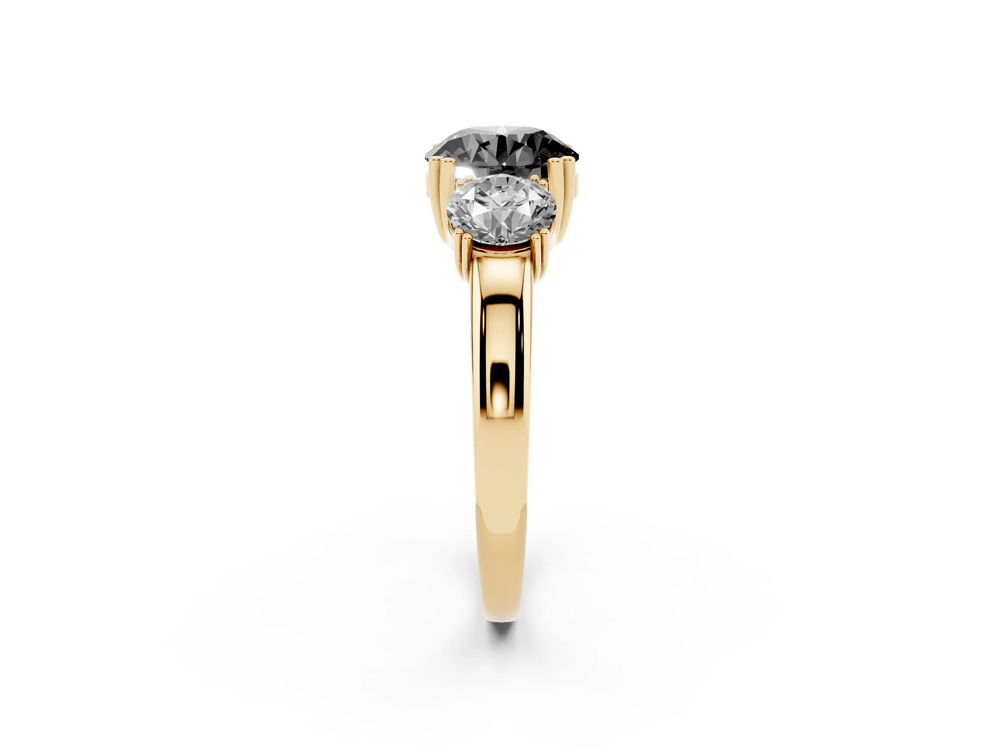 Fancy Black Round Cut Diamond Three-Stone Ring Set in Yellow gold with Polished Channel-Set Band
