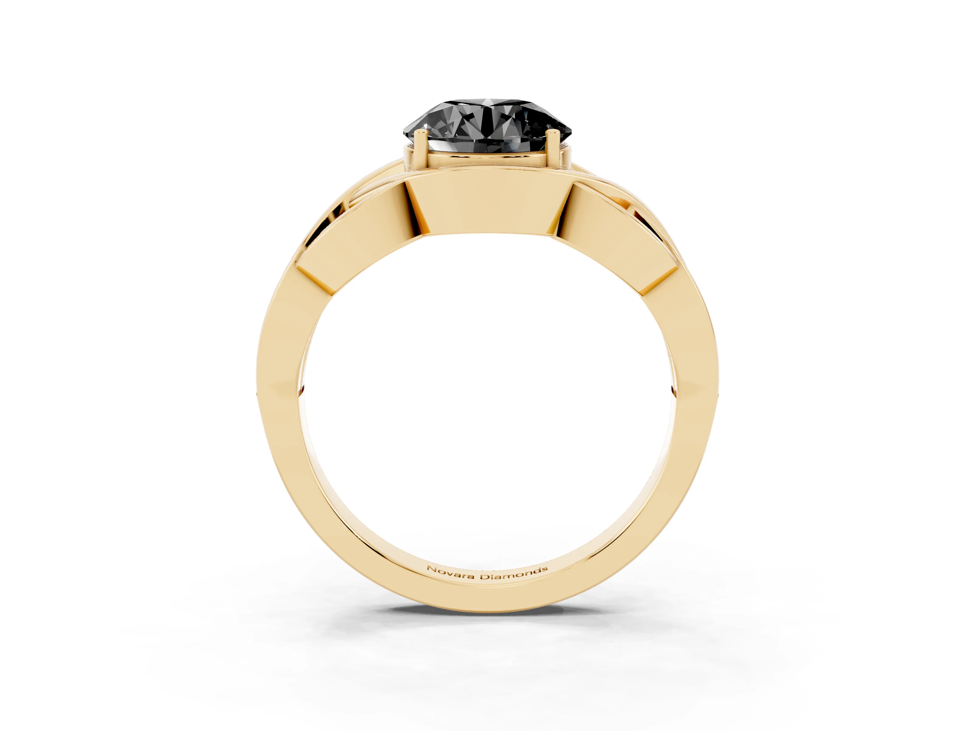 Fancy Black Round Cut Diamond Solitaire Ring Set in Yellow gold with Intertwined Band