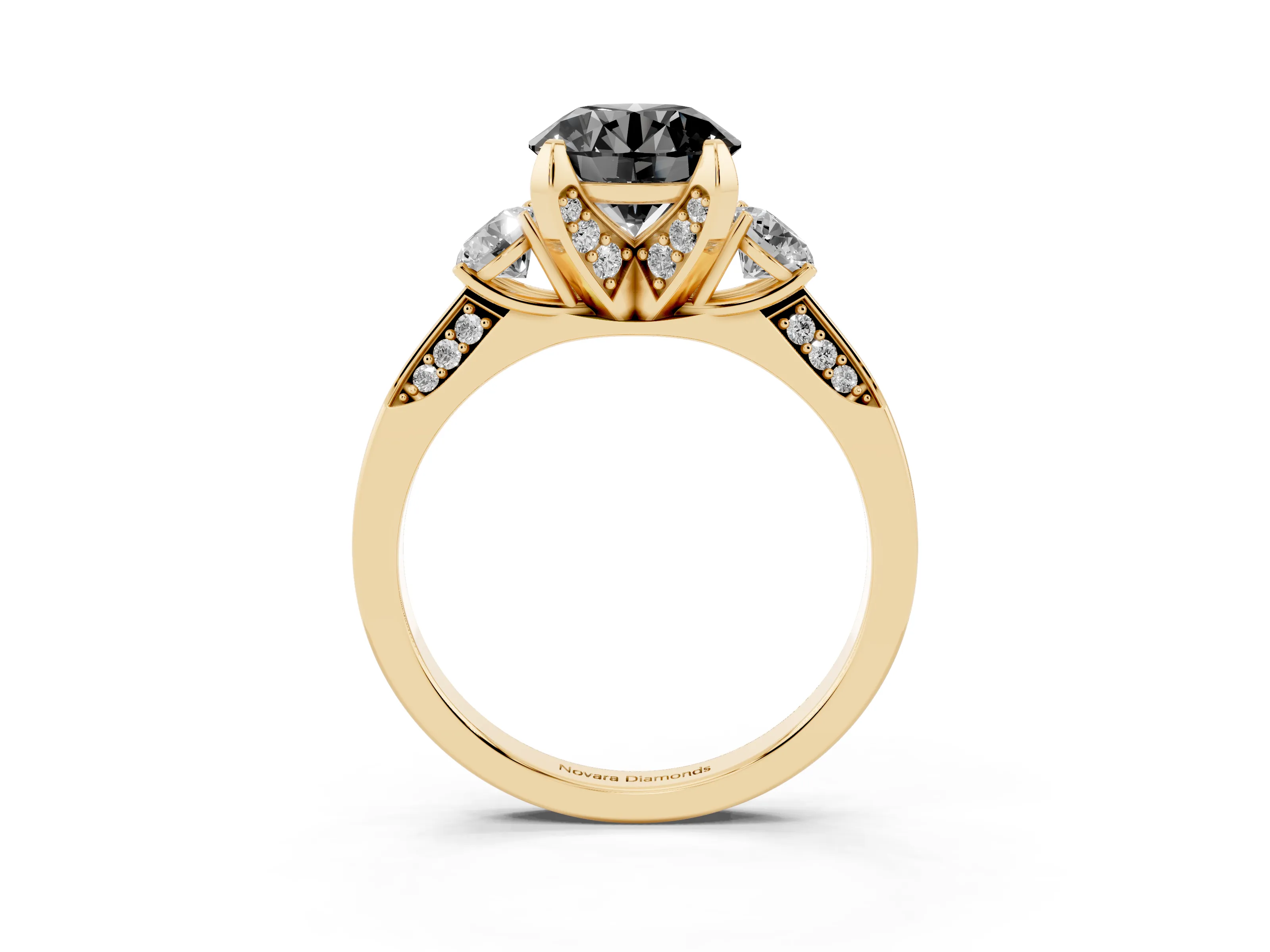 Fancy Black Round Cut Diamond Three-Stone Ring Set in Yellow gold with Pavé Band and Smaller Side Stones