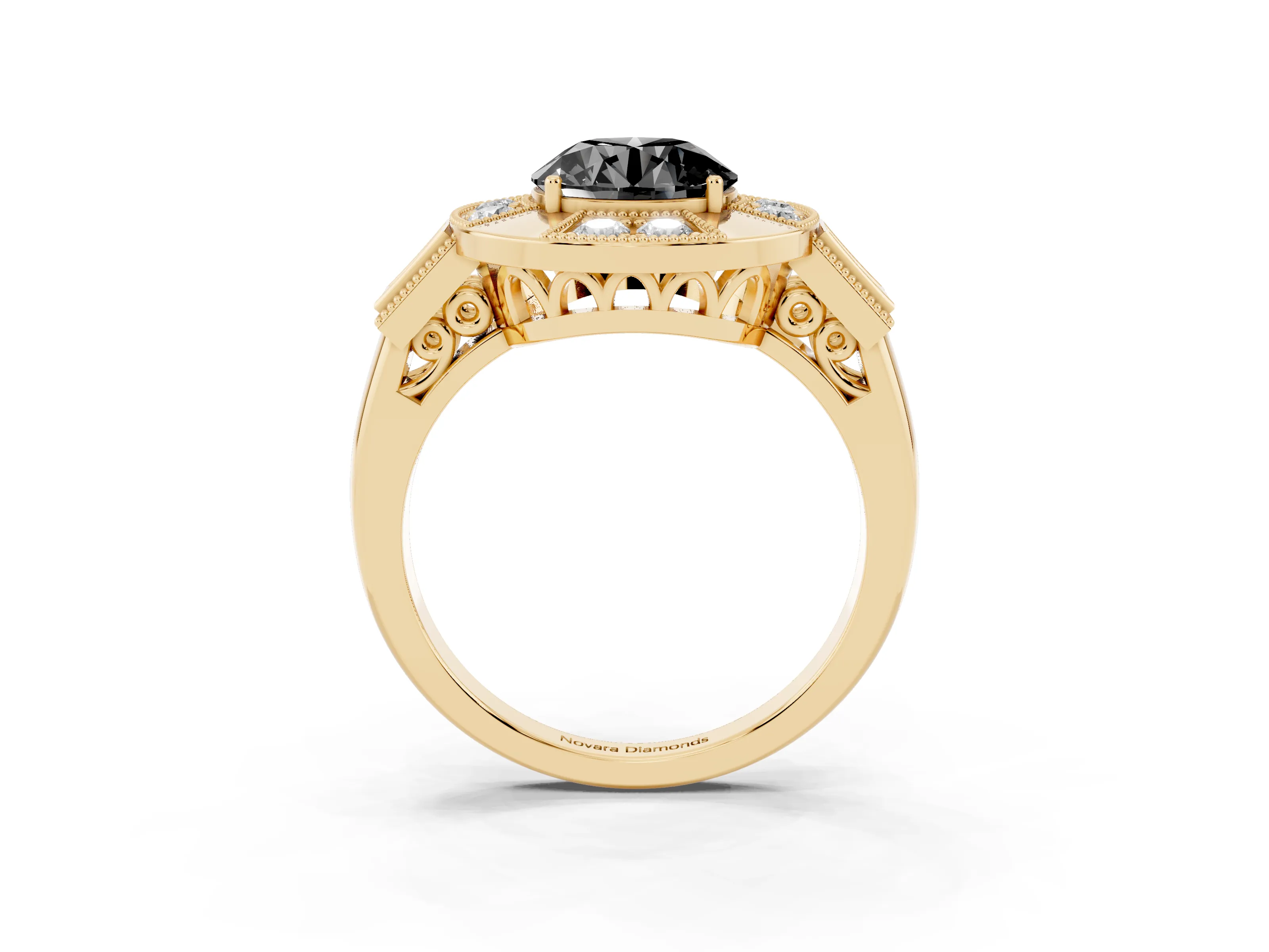 Fancy Black Round Cut Diamond Milgrain Halo Ring Set in Yellow gold with Split Shank