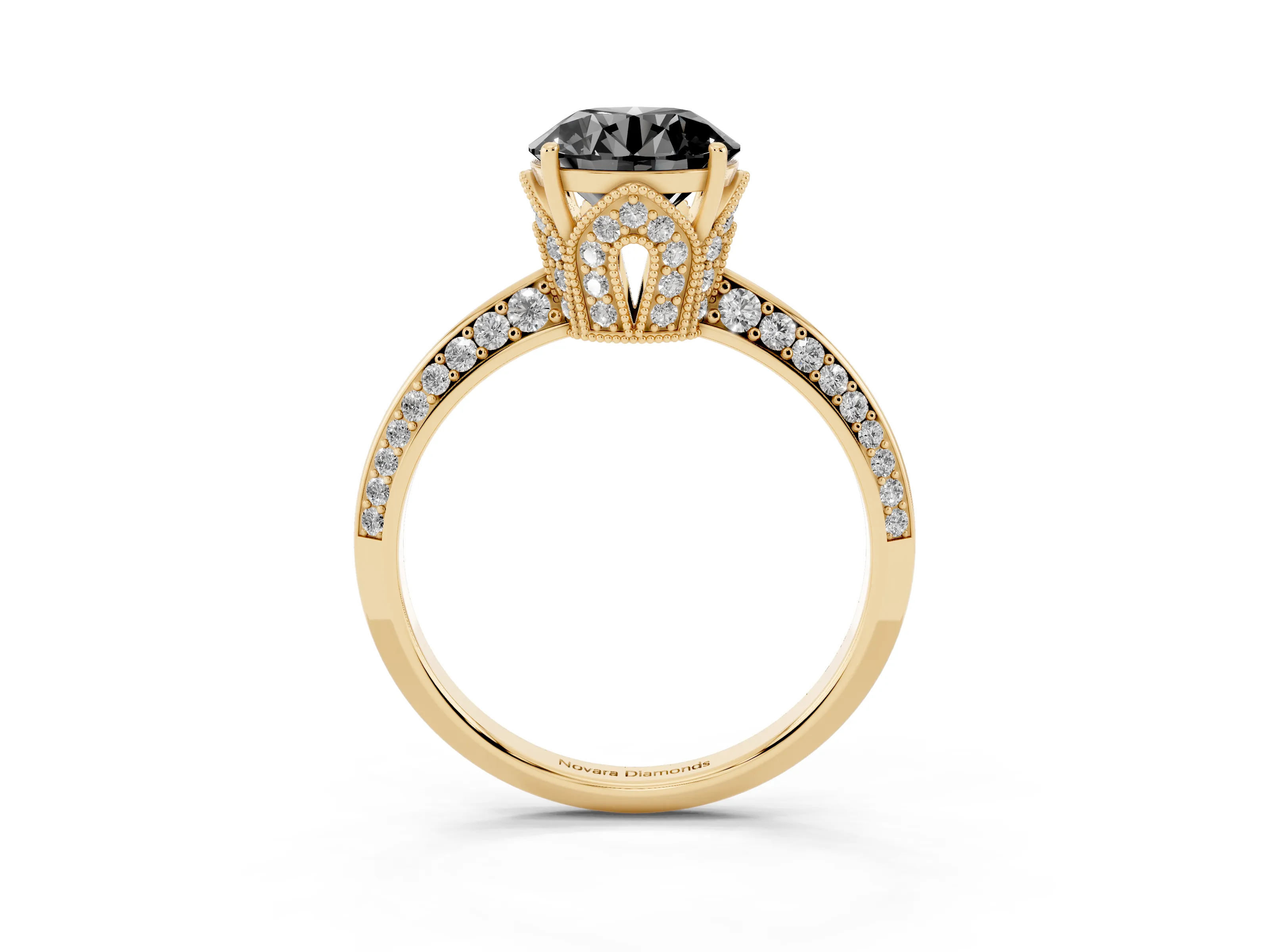 Fancy Black Round Cut Diamond Solitaire Engagement Ring Set in Yellow gold with Pavé Split Shank and Prong Setting