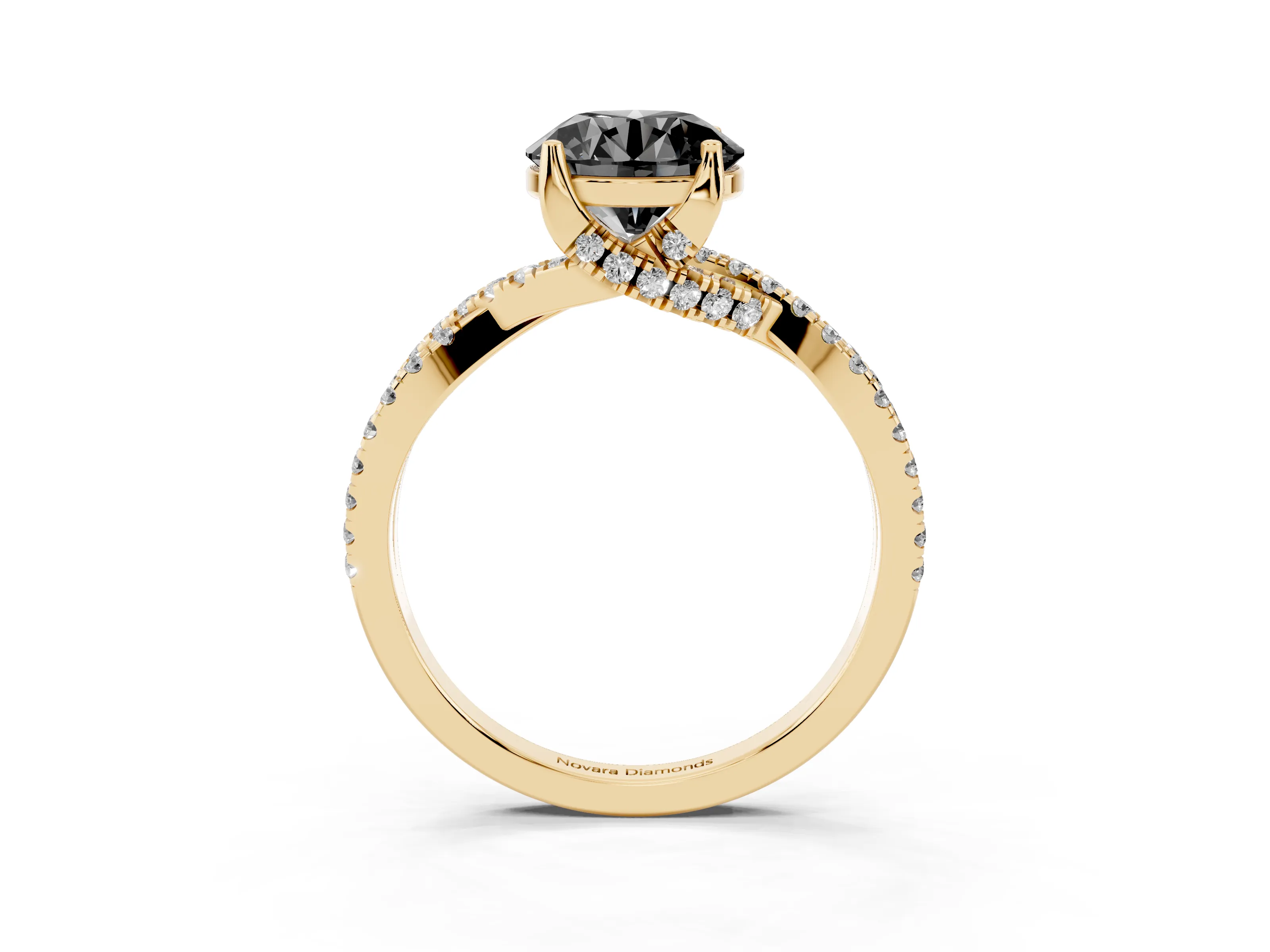 Fancy Black Round Cut Diamond Twist Pavé Solitaire Engagement Ring Set in Yellow gold with Prong Setting