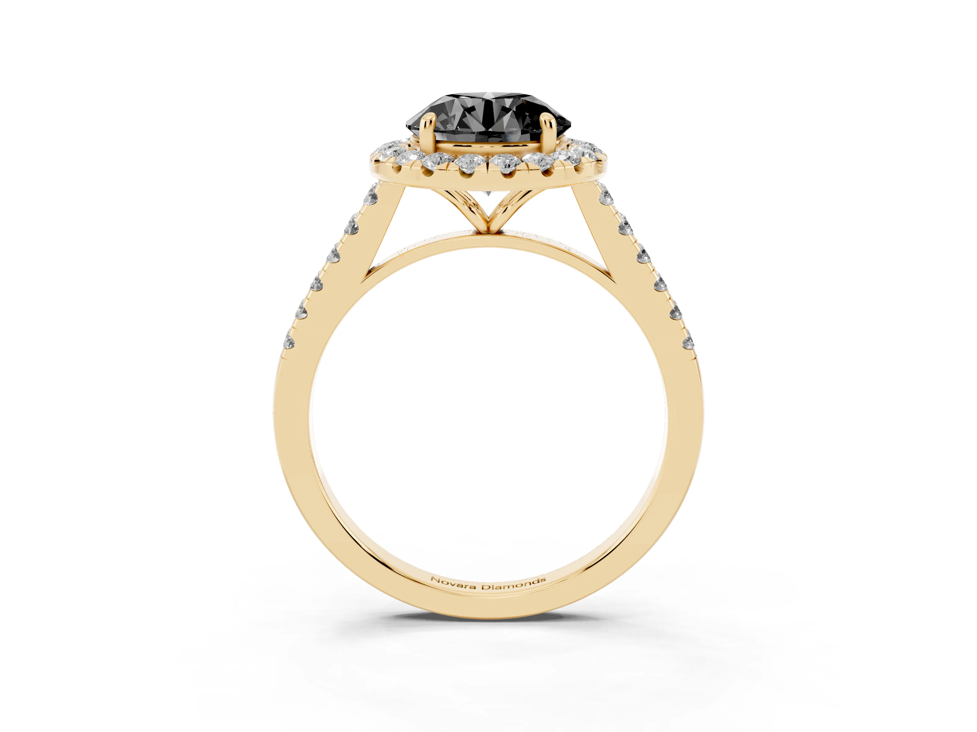 Fancy Black Round Cut Diamond Halo Pavé Engagement Ring Set in Yellow gold with Prong Setting