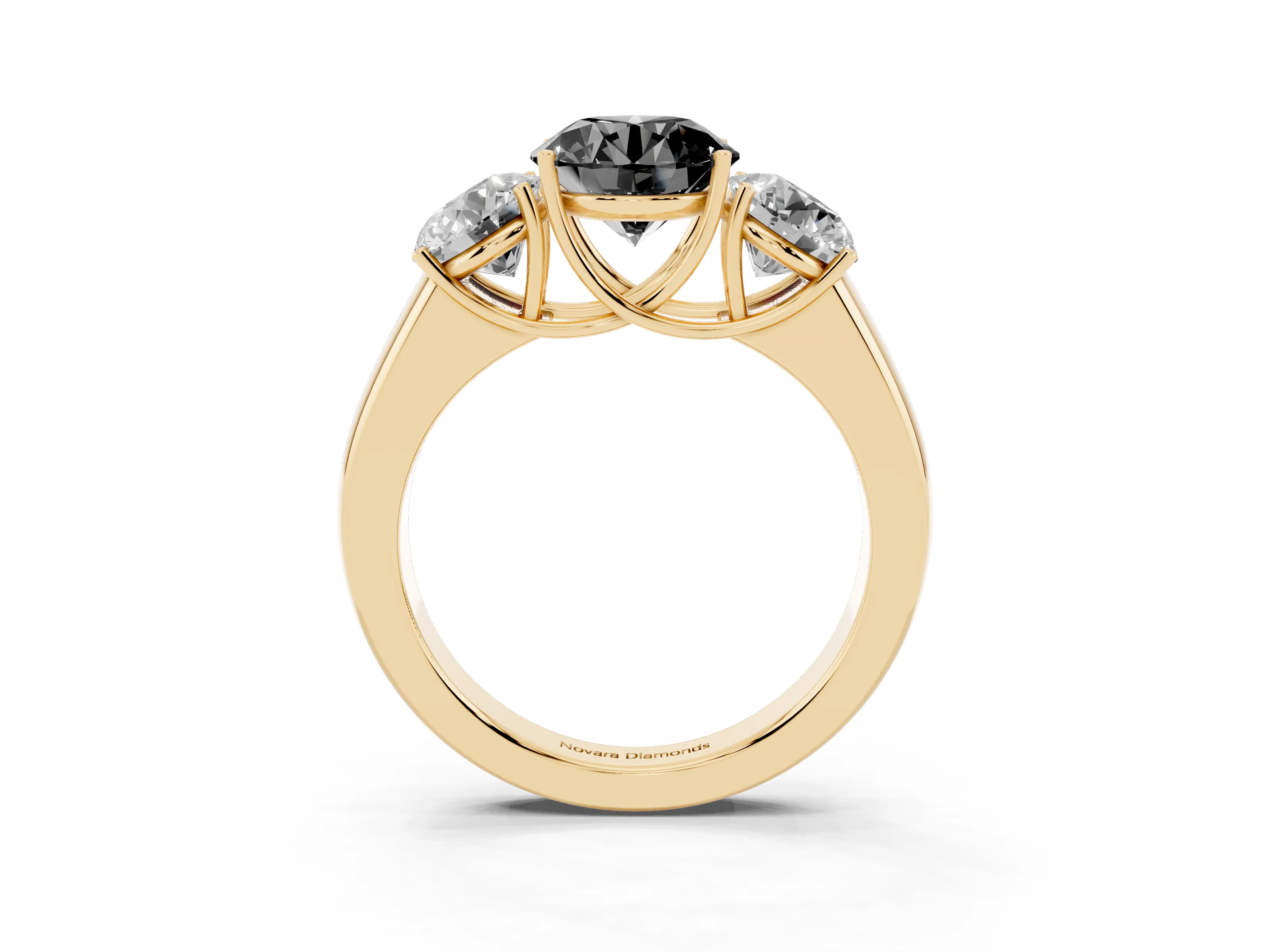 Fancy Black Three-Stone Round Cut Diamond Ring Set in Yellow gold with Matching Prong Settings and Plain Band