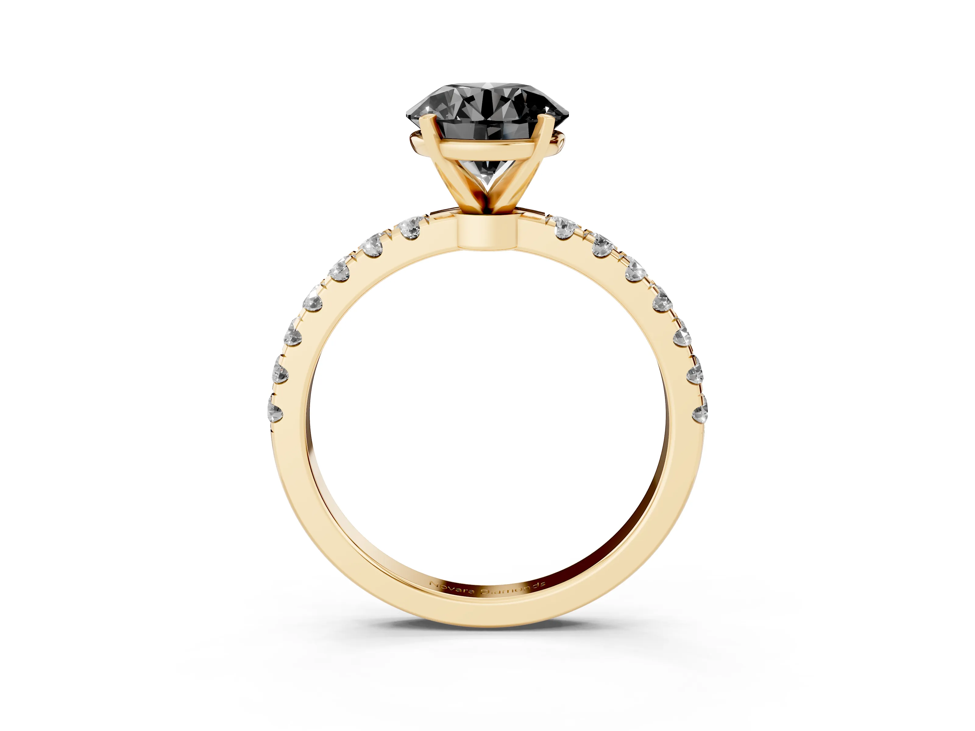 Fancy Black Round Cut Diamond Solitaire Ring Set in Yellow gold with Pavé Accents and Prong Setting
